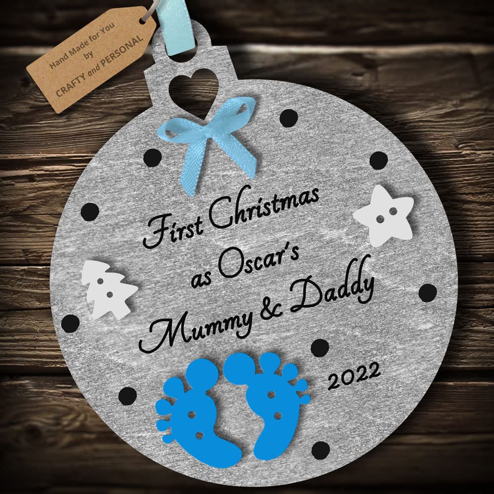 Multi-Colour Personalised First Christmas as Mummy and Daddy Bauble tree decoration wooden hanging ornament keepsake gift for parents babys 1st Christmas (Silver #3)