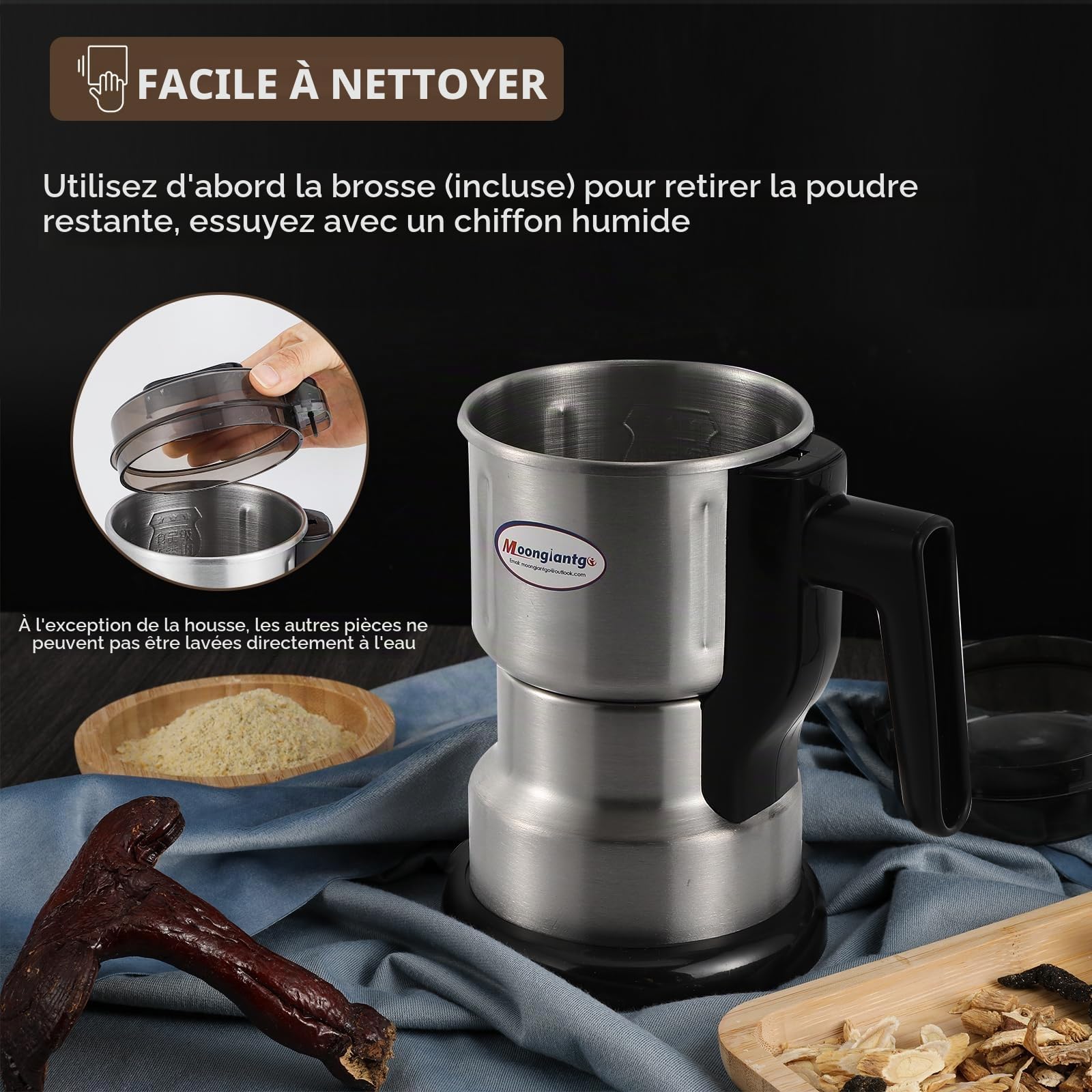 Moongiantgo Moulin Multifonctionnel à Céréales, Café et Épices (250W 22000RPM, Capacité 200ml, Acier Inoxydable, Mouture Ultra-Fine pour Céréales, Haricots, Café - Avec Brosse et Cuillère)