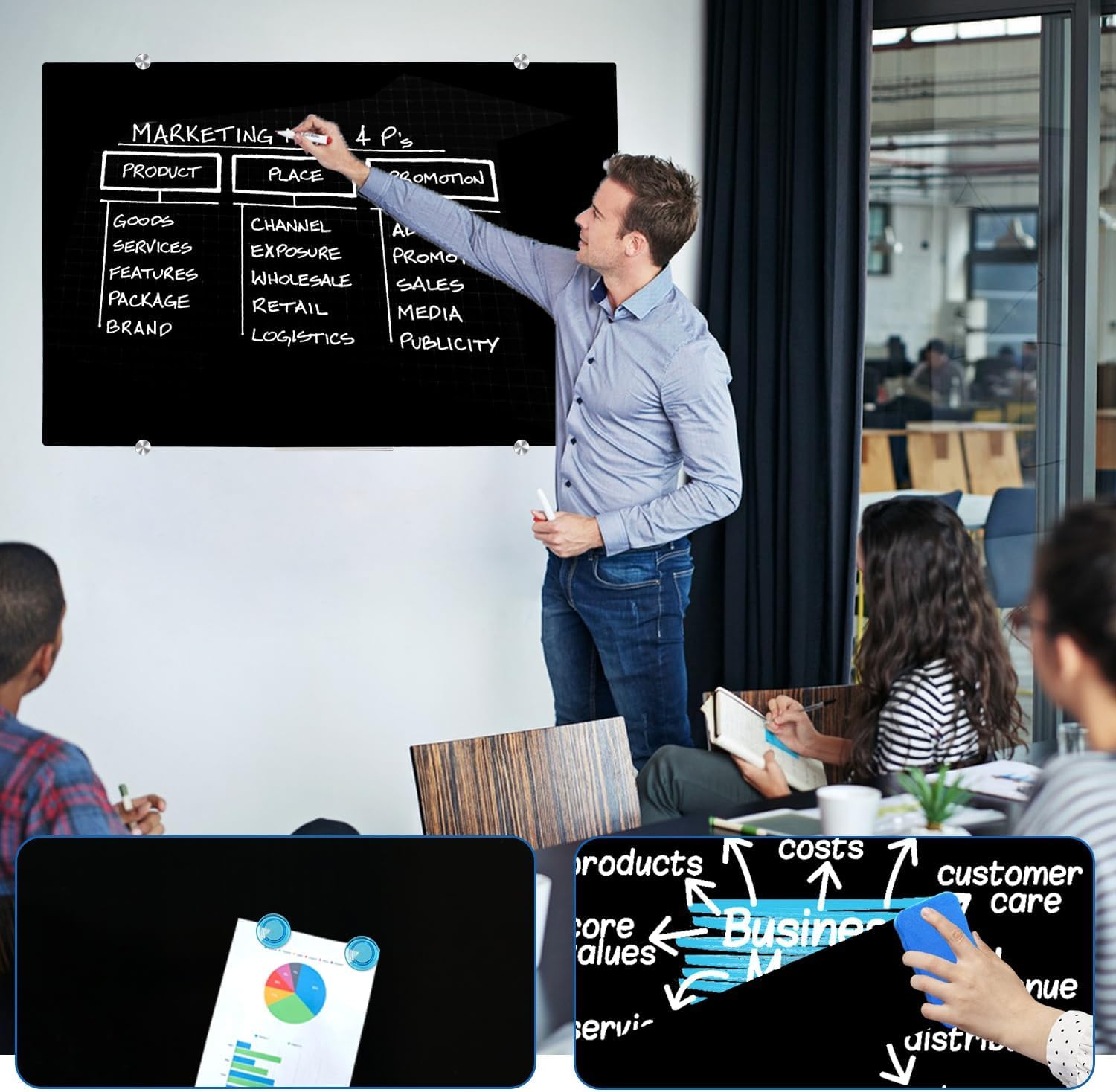 XIWODE Magnettafel Glas 90x120 Schwarz - Hochwertiges Rahmenloses Whiteboard, Abwischbare Glas-Pinnwand Große mit Zubehör (4 Marker, 2 Magnete, Schwamm) für Büro & Zuhause