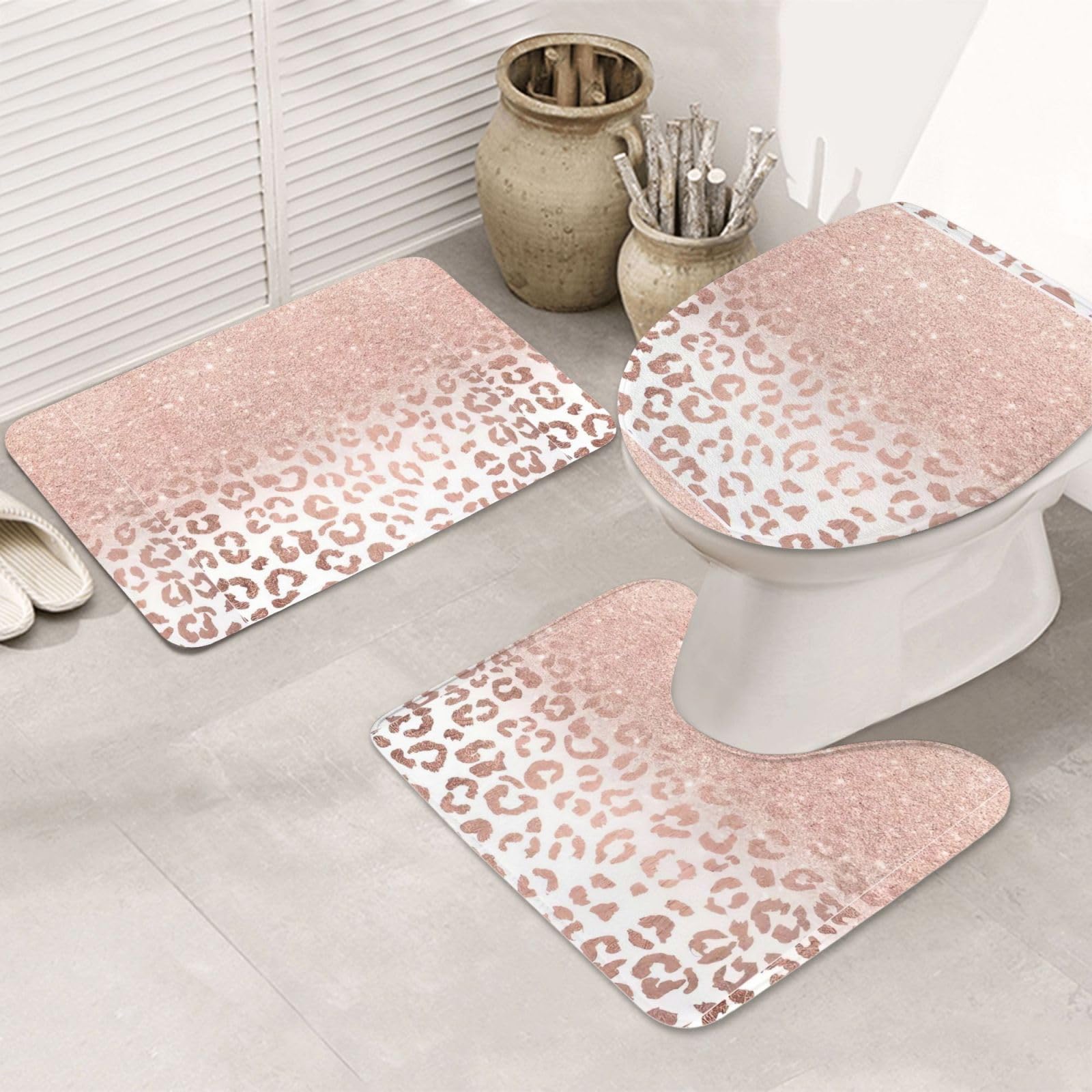 BREAUX Tapis de sol antidérapant imprimé pailleté or rose, tapis de douche antidérapant salle de bain 3 pièces