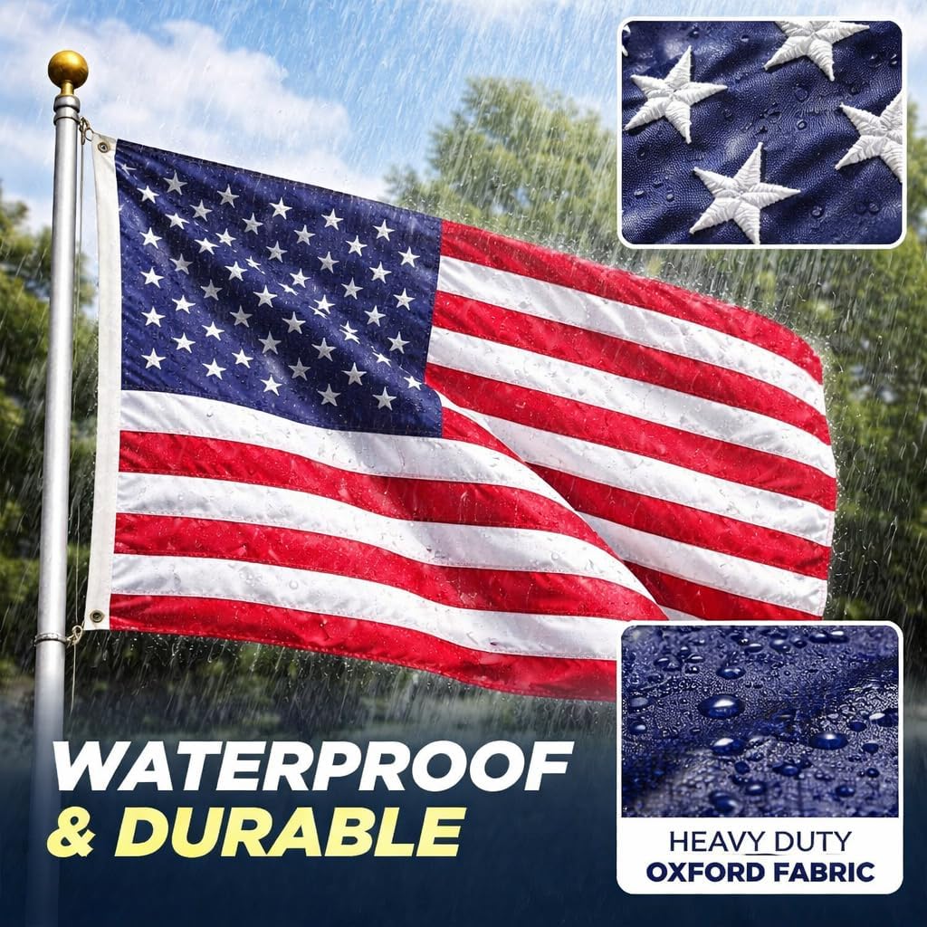 2 Pack American Flag 3x5 Ft TearProof Series for Outdoors, Heavy Duty Durable Thicken Oxford US Flag with Luxury Embroidered Stars Sewn Stripes Brass Grommets - High Wind USA Outside