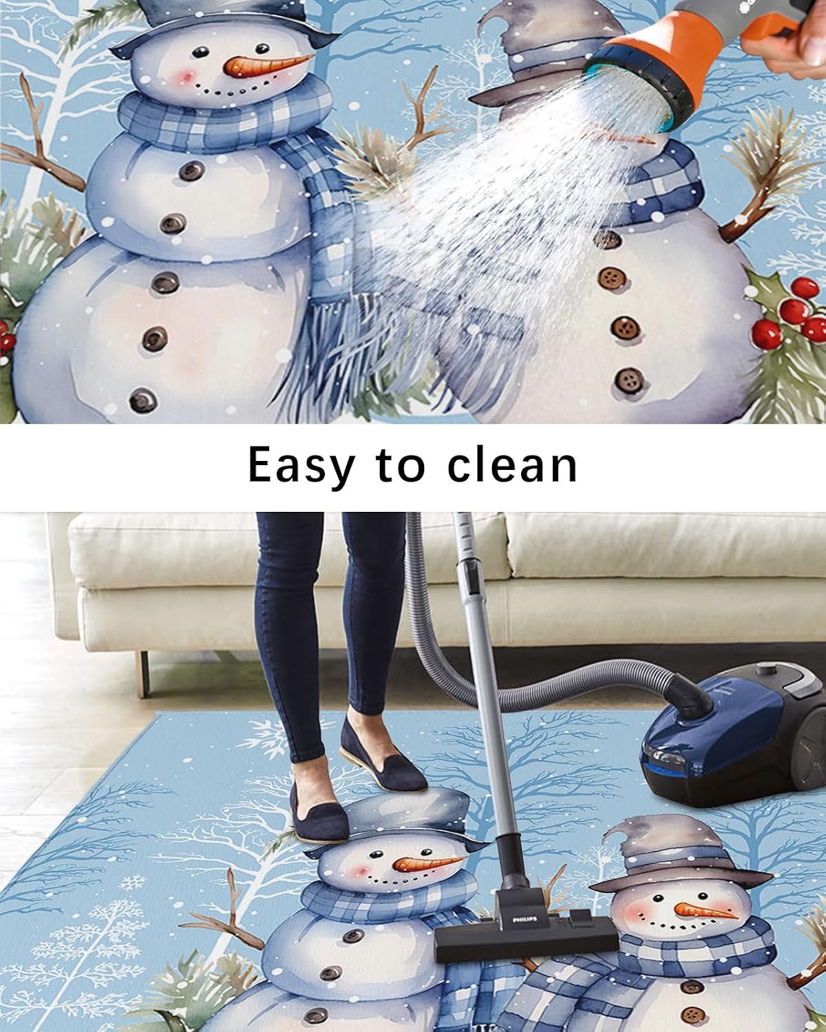Outdoor Rug, Christmas Snowman Snowflake Tree Scarf Pine Needle Winter Blue Absorbant Non-Slip Area Rugs Mat Carpet for Patio Balcony Porch Backyard Deck Rv Camping 6x9 ft