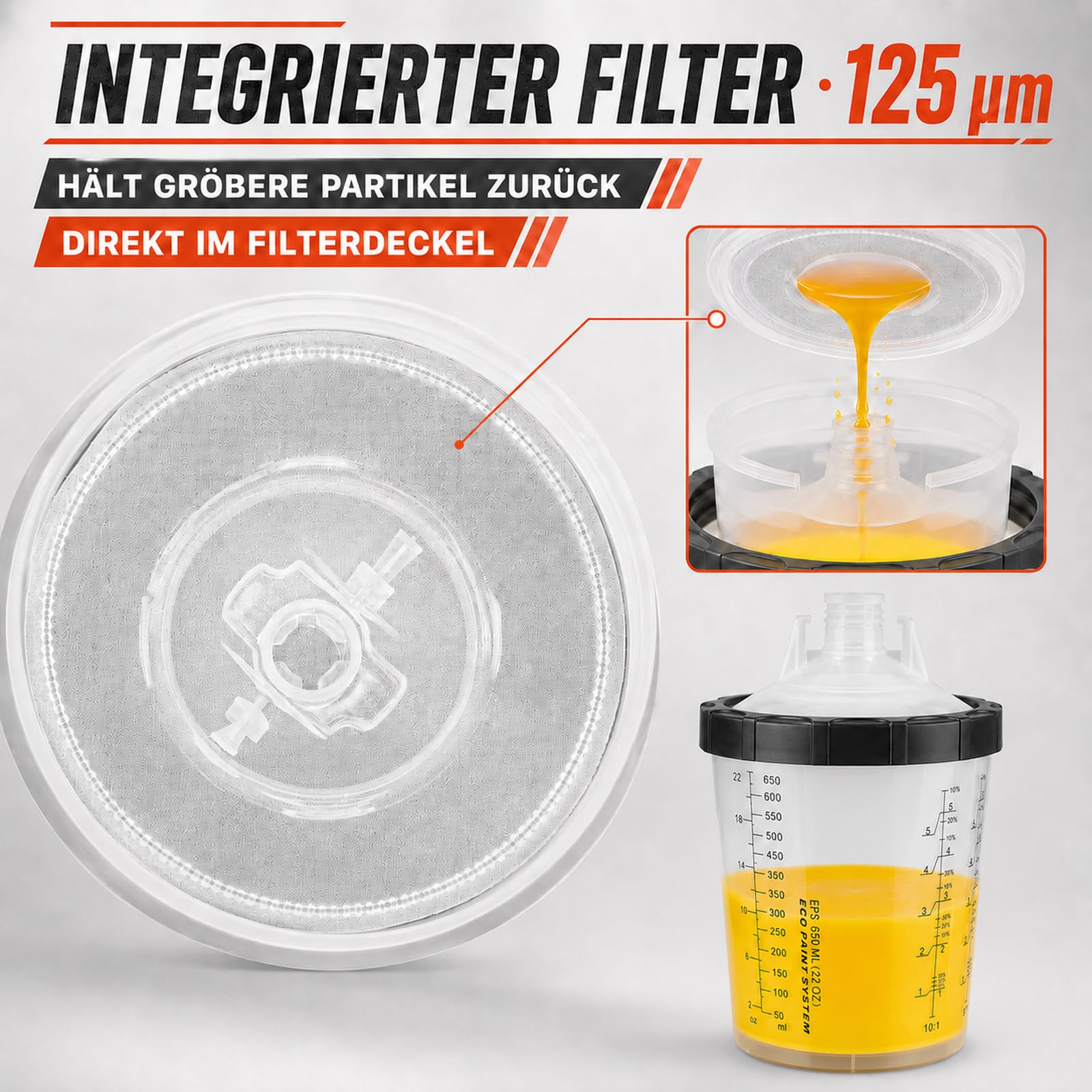 Lackierbecher Set 650 ml, 45 Einwegbecher für HVLP-Lackierpistolen | Enthält 45 Filterdeckel mit 125-μm-Filter, 20 Stopfen und 1 Hartbecher zum Mischen, Filtern, Sprühen und Aufbewahren