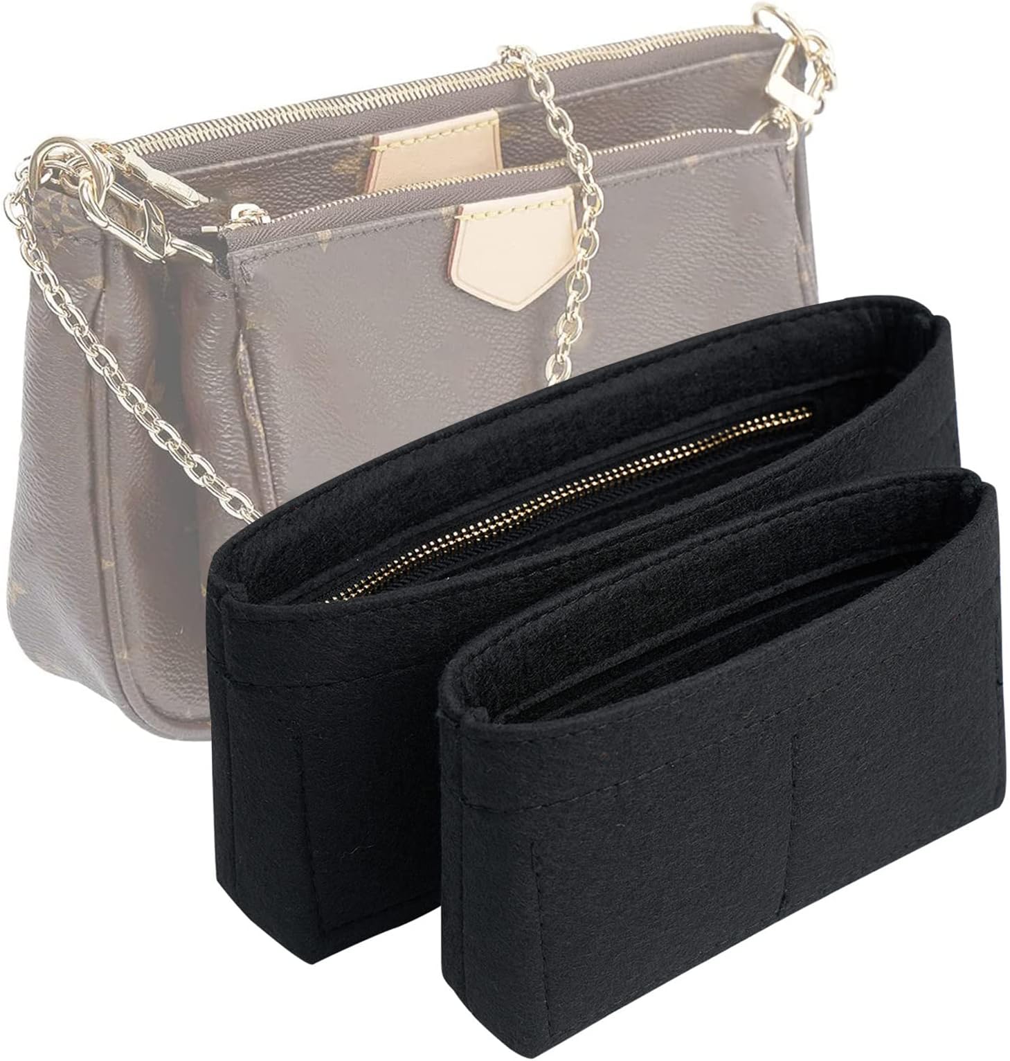 Vercord Felt Purse Organizer Insert Pochette Handbag Insert Bag in Bag for Multi Pochette Accessories Add Zipper Pocket Black