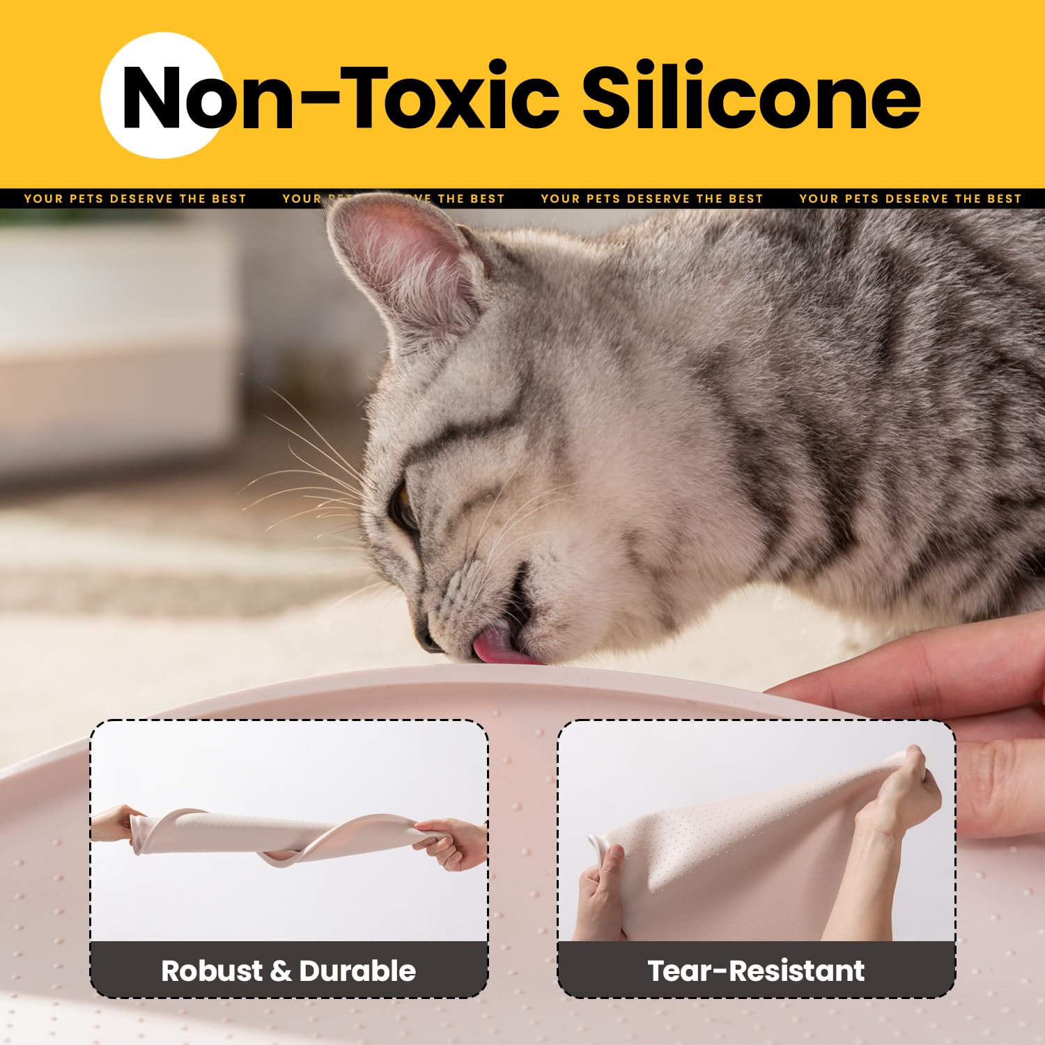 Conlun Tappetino Ciotola Cane, Tappetino Ciotole Gatto con Bordi Rialzati di 1,2 cm per Contenimento Degli Schizzi, Tappetino Silicone per Animali Senza BPA, Sottociotola per Cani(Taupe,81x51 cm)