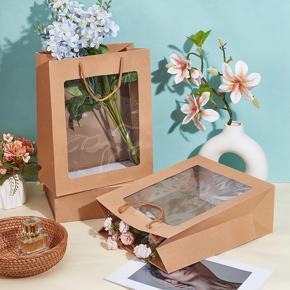 BENECREAT 16 sac Cadeau en Papier Brun avec Fenêtre Transparente Sacs de Courses Kraft de 26x12.2x32cm Sacs Cadeaux en Papier pour Bouquets Anniversaires Fêtes Mariages Emballages de Noël