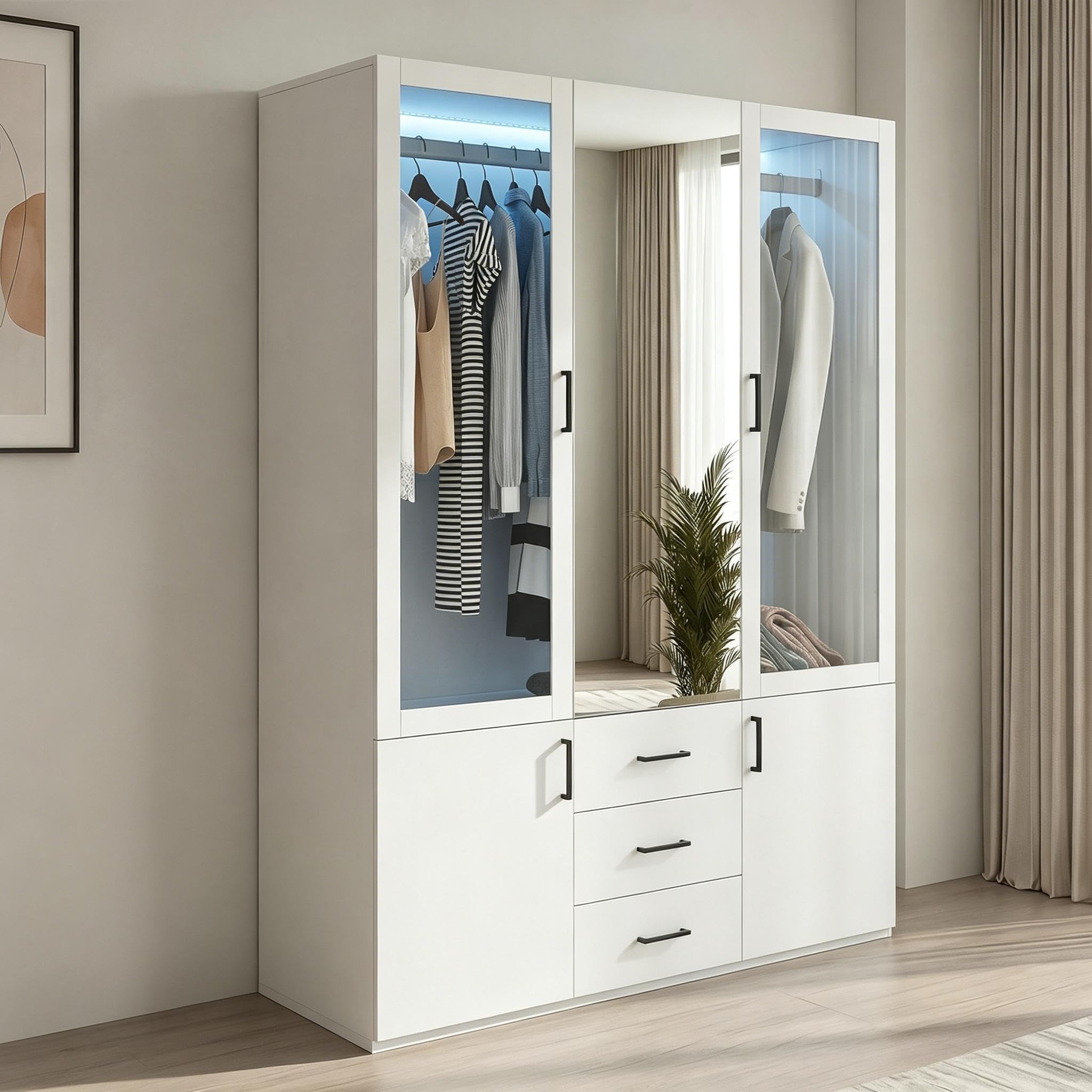 PerGar Armoire avec miroir, 3 tiroirs, éclairage LED, armoire moderne avec espace de rangement, armoire de chambre à coucher, blanche, pour chambre à coucher, dressing, garde-robe (4 portes)