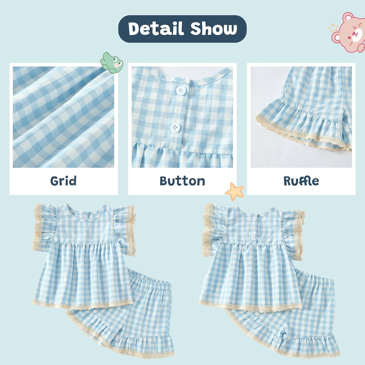 Summer Toddler Girl Clothes Set Baby Girl Ruffle Sleeveless Shirt with Buttons Checkered Bloomers Shorts Set Cute Outfits