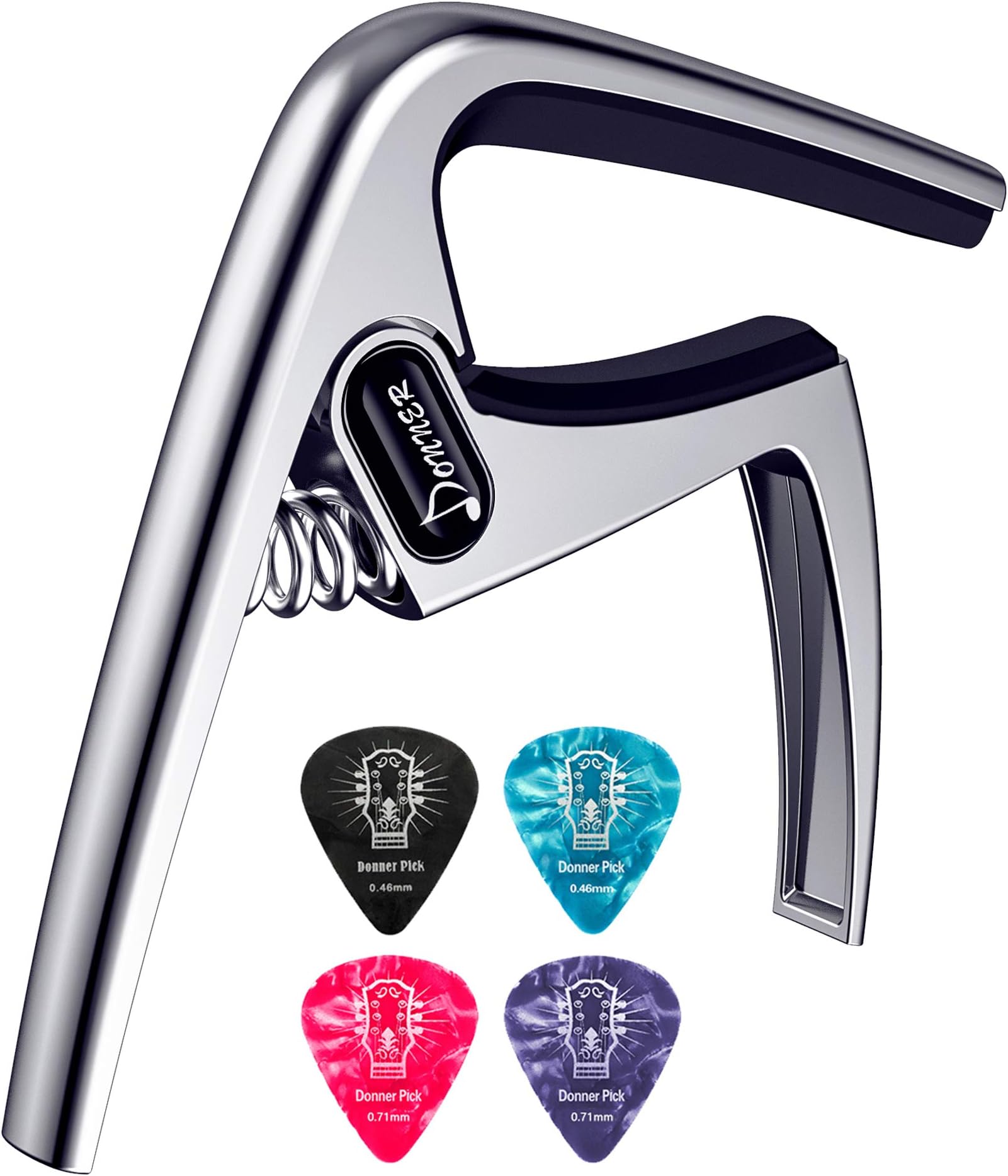 Donner Guitar Capo DC-3 for Acoustic and Electric Guitar Ukulele Banjo Mandolin Silver With Picks