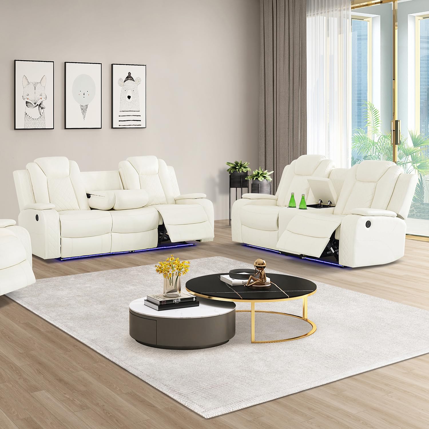 SIENWIEY Power Leather Recliner Set for Living Room, Electric Reclining Sofa and Loveseat Set with LED Lights, White Leather Sofa Set 2 Pieces with 3