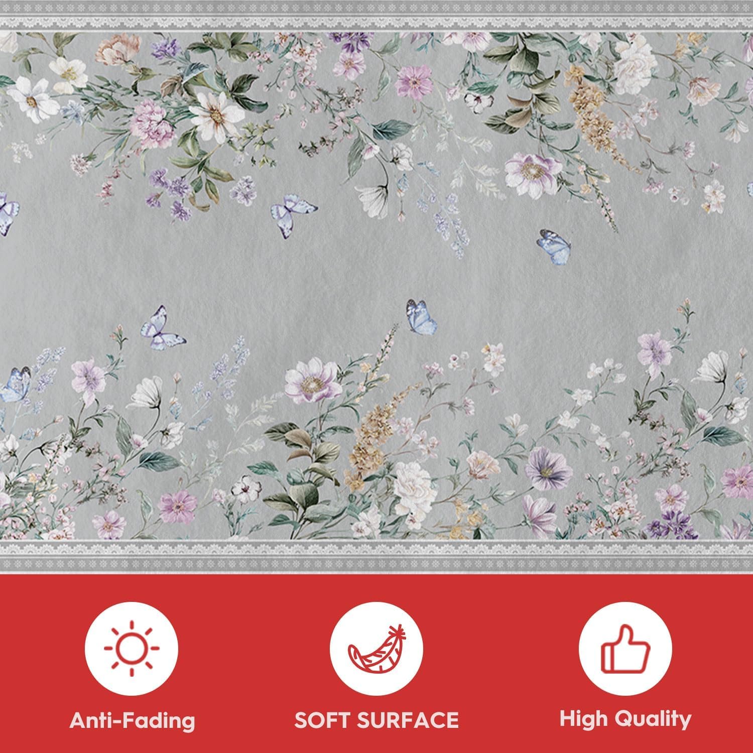 Artoid Mode Grey Butterfly Flower Spring Runner Rug, Summer Home Decor Low-Profile Non-Slip Washable Carpet Runner for Hallways Kitchen Laundry Bedroom Bathroom 2x6 Feet