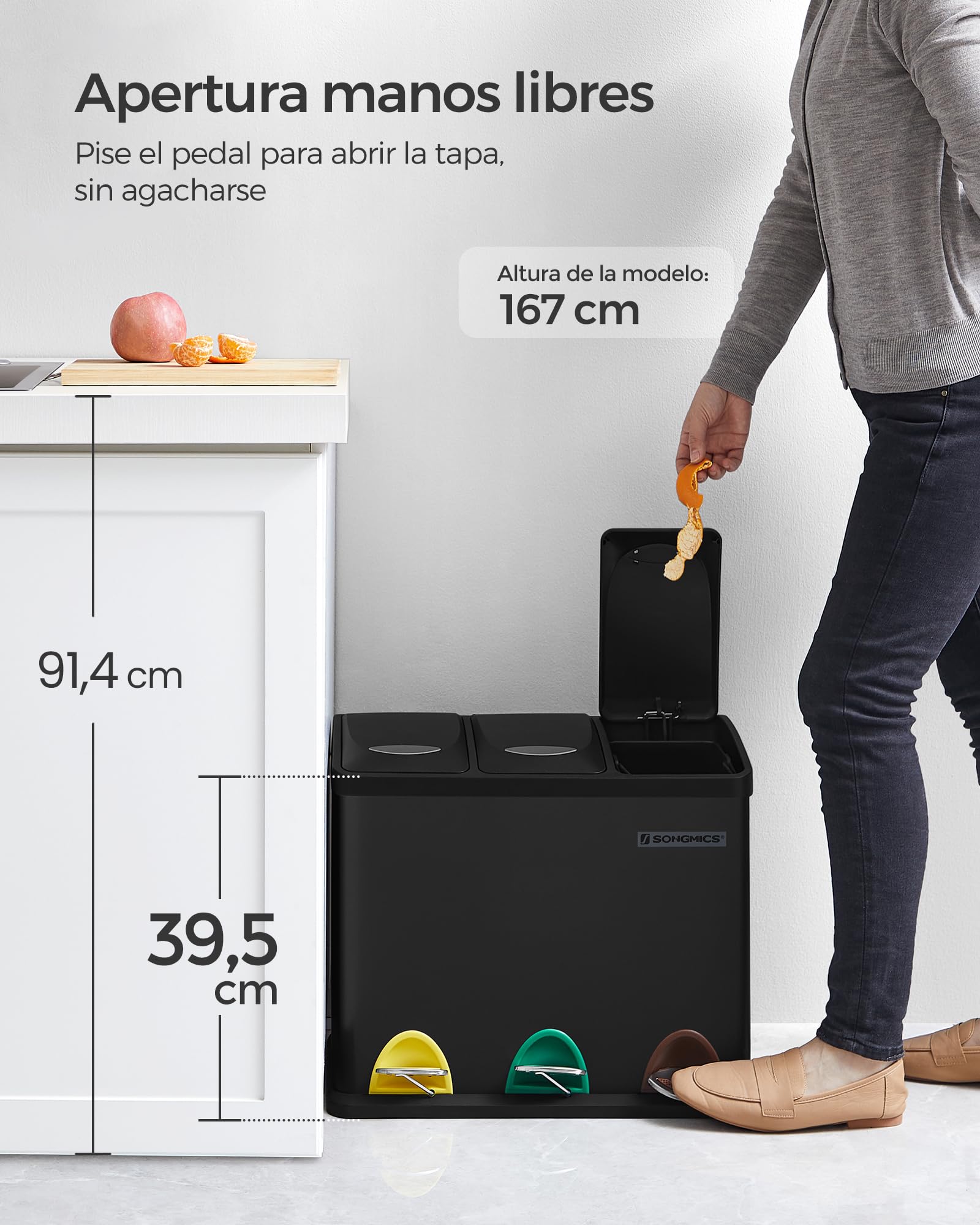 SONGMICS - Papelera de cocina, 3 x 8 L, pequeño volumen, tapas, basura triple de acero, para pequeñas familias, pedales y cuartos, fácil de limpiar, negro LTB24BK