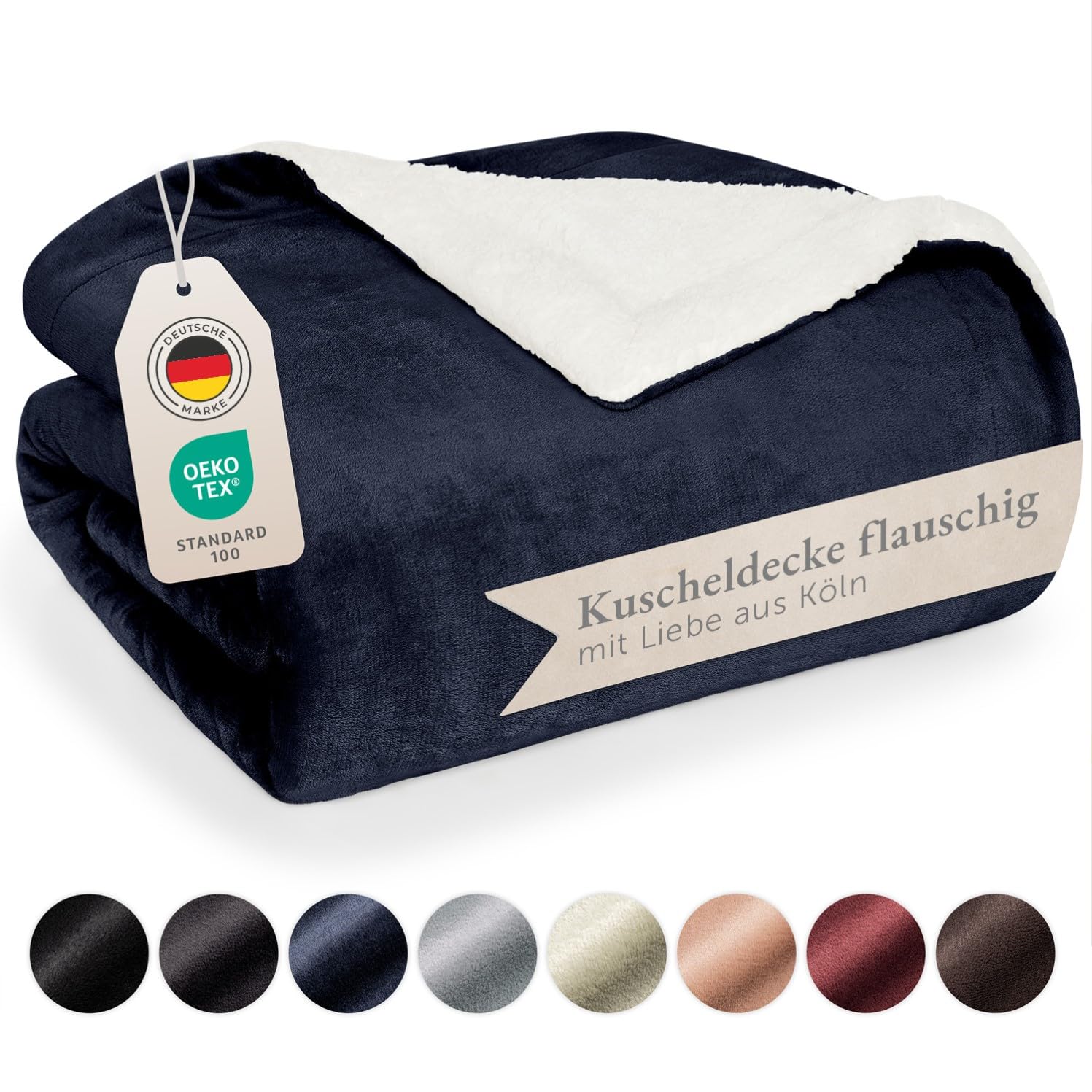 Blumtal Premium Sherpa Kuscheldecke flauschig 220x240 cm - Oeko-Tex zert. Sofa Decke mit Dicker Sherpa-Innenseite - super Flauschige Decke extra dick und wärmend - Cozy Fleecedecke - Dunkelblau