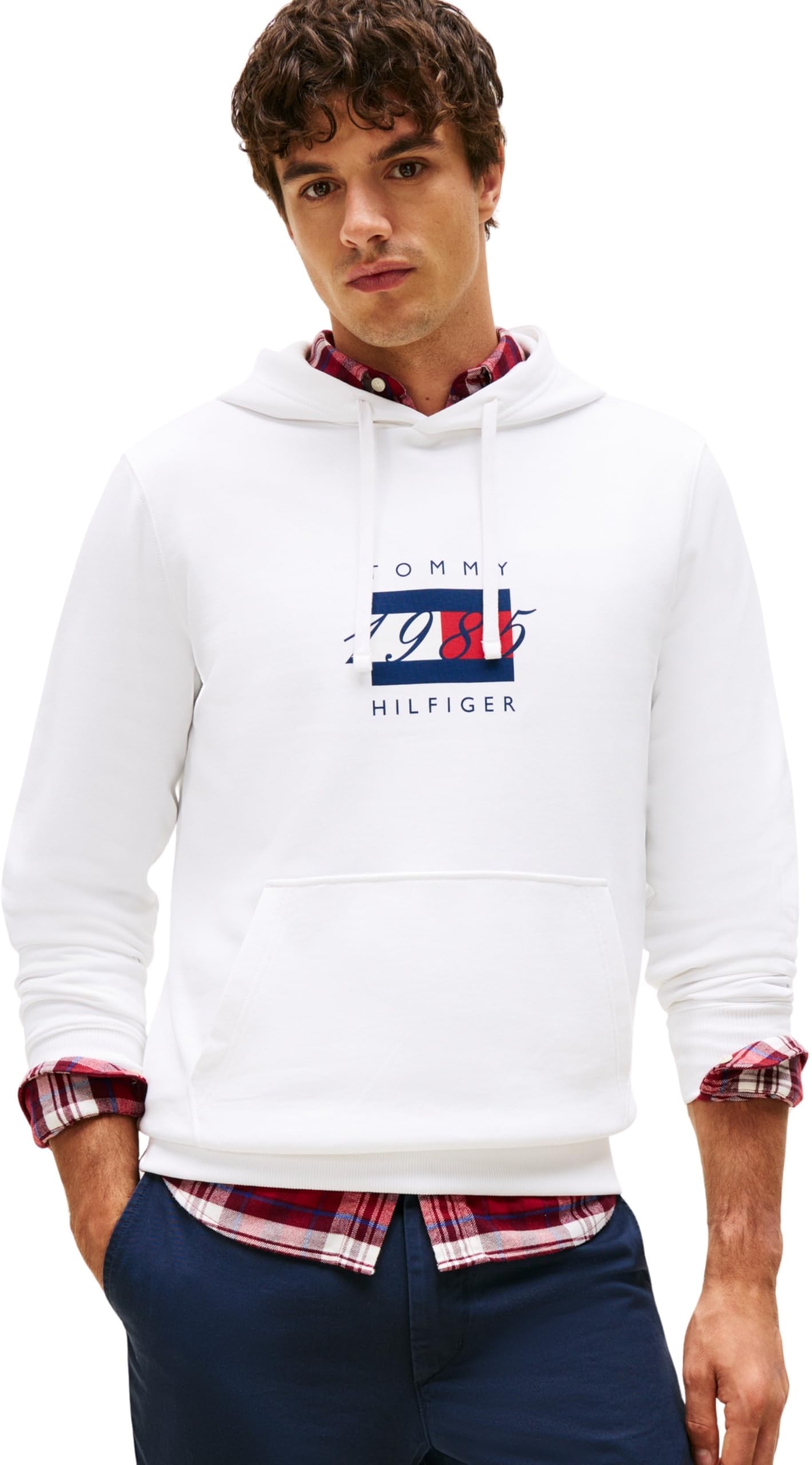 Tommy Hilfiger Men’s Linear Flag Graphic Cotton Hoodie, White (White), XL