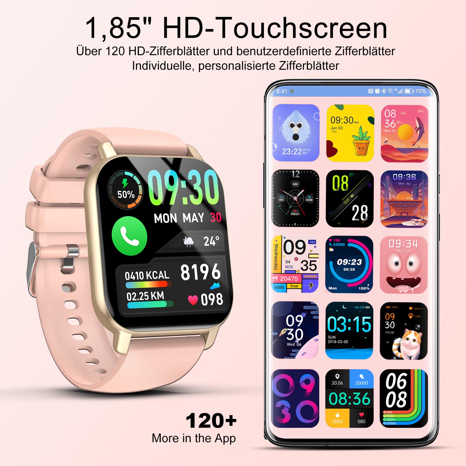 Smartwatch Damen Herren mit Telefonfunktion, 1.85'' HD Smart Watch, 112+ Sportmodi Sportuhr mit Pulsuhr/Schlafmonitor, IP68 Wasserdicht Fitnessuhr mit Information Erinnerung für iOS Android, Roségold