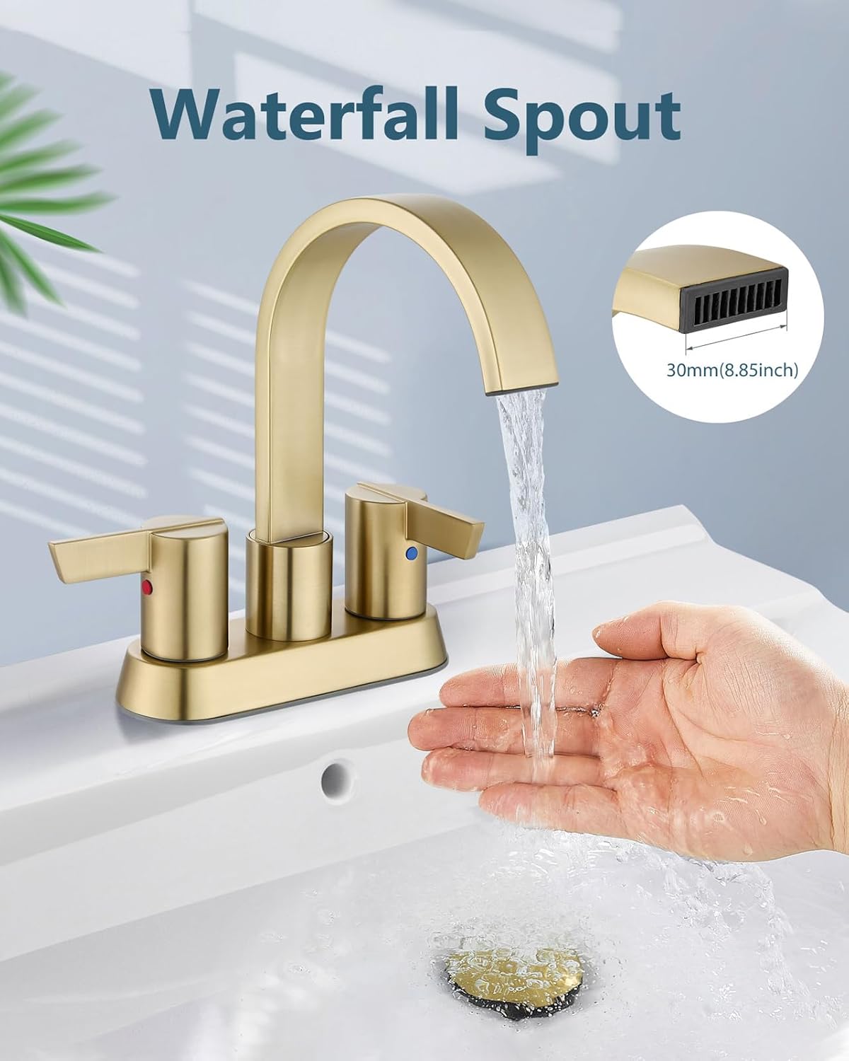 Aolemi Bathroom Faucets for Sink 3 Hole,4 Inch Centerset Waterfall Faucet 2 Handle for Bathroom Sink with Pop-Up Drain and Supply Lines Brushed Gold