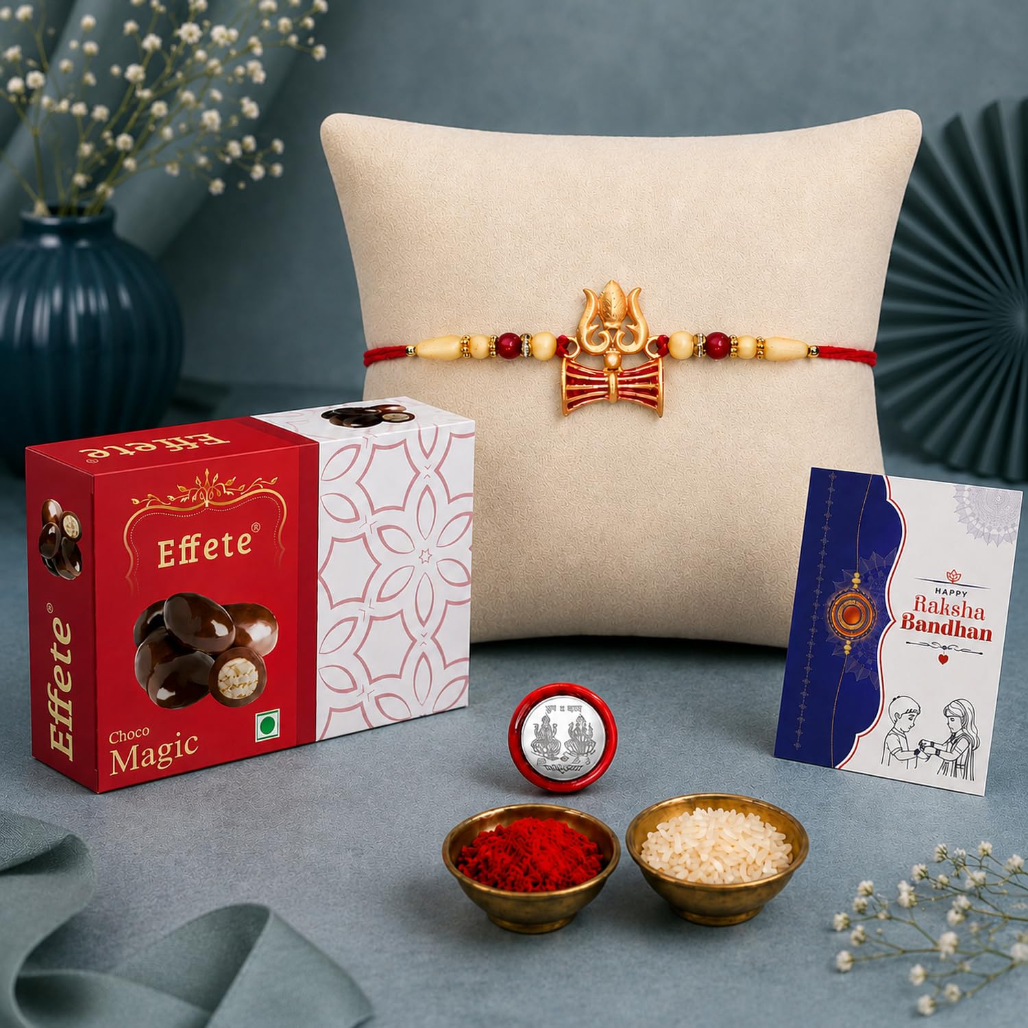 DeoDap Designer Trishul Damru Rakhi for Brother with Choco Magic Chocolate 32gm, Pooja Coin, Roli Chawal & Card | Rakhi with Chocolate Combo for Raksha Bandhan 1