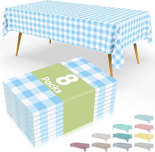 Miniatura 57 de Smiry Paquete de 8 manteles desechables a cuadros, mantel de plástico impermeable de 54 x 108 pulgadas, manteles rectangulares a cuadros caqui y