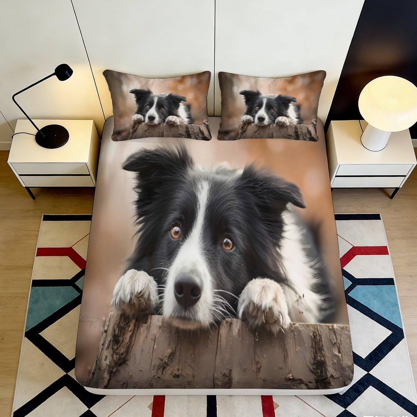 3D Printed Border Collie Fitted Sheet Microfiber Soft Durable Black White Dog Print Mattress Cover for Bedroom Dormitory Guest Room Protector Decor 120x200x25cm