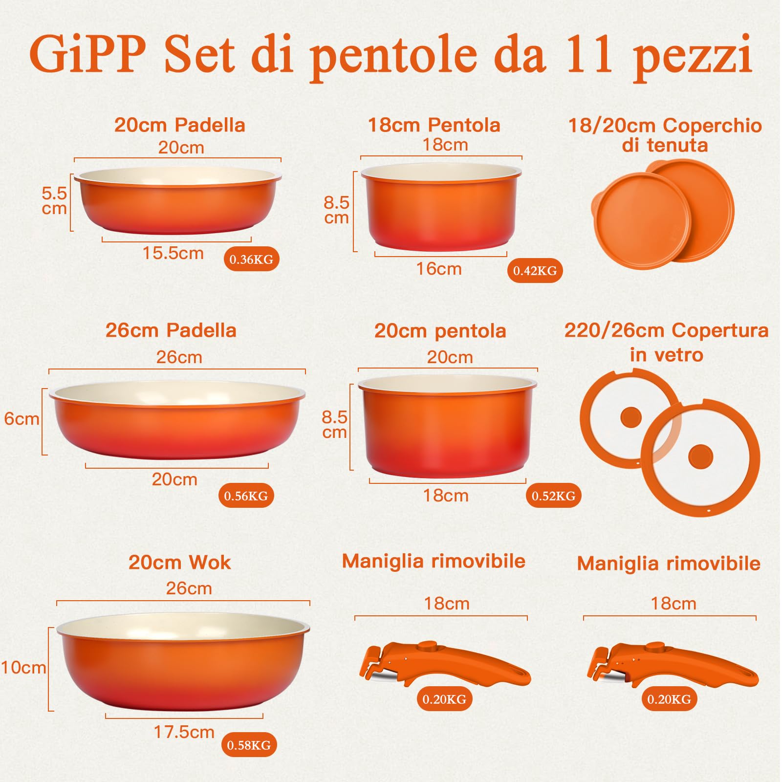GiPP 11 Pezzi Set Di Padelle Con Rivestimento Ceramico Antiaderente, Set Di Padelle Con Manici Staccabili, Atossiche Compatibili Con Induzione, Forno E Lavastoviglie, Sfumatura Arancione