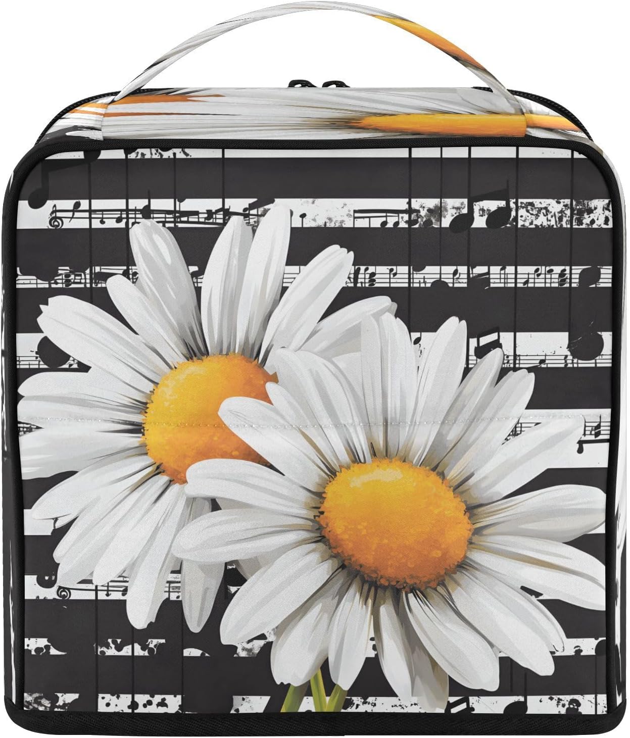 Standing Makeup Bag, Black Music Notes Flower Daisy Large Cosmetic Bag Toiletry Organizer with Phone/Mirror Holder, Brush Holders, Detachable Dividers, Portable Travel Makeup Case for Women