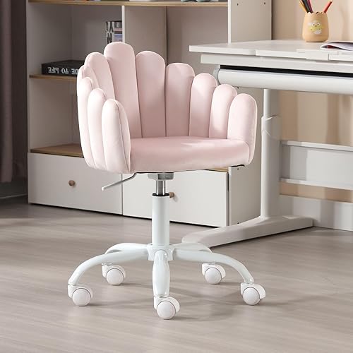 LukeAlon Bonita silla de escritorio giratoria para niños, silla de estudio de terciopelo con ruedas y brazos, cómoda silla tapizada de altura