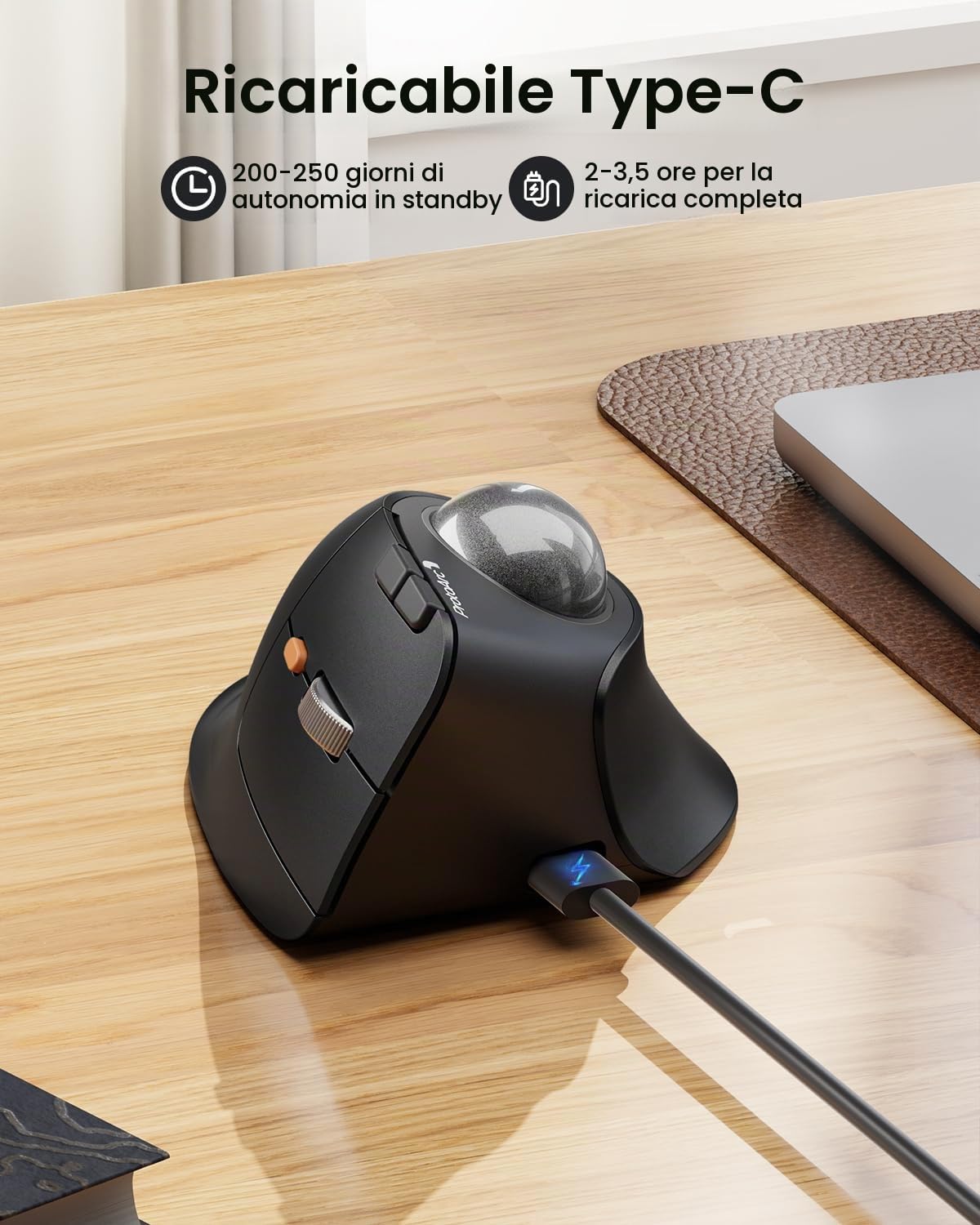 ProtoArc EM05 NL Mouse trackball verticale senza fili, mouse ergonomico con Bluetooth, ricaricabile, per computer portatile, connessione a 3 dispositivi, compatibile con iPad, Mac, Windows, PC, grigio