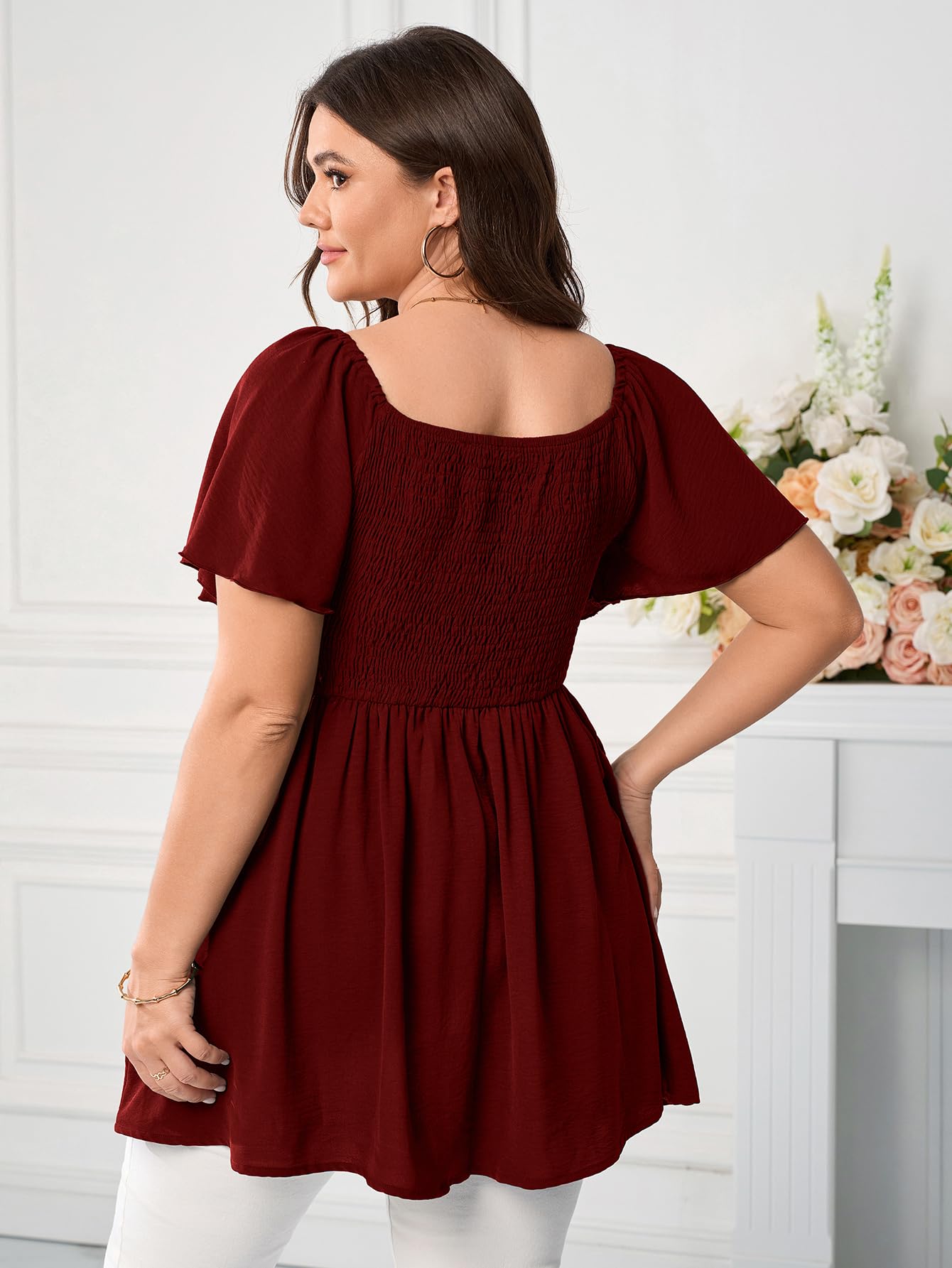 SHESTARR Haut habillé grande taille pour femme, col carré, manches courtes, smocké, péplum