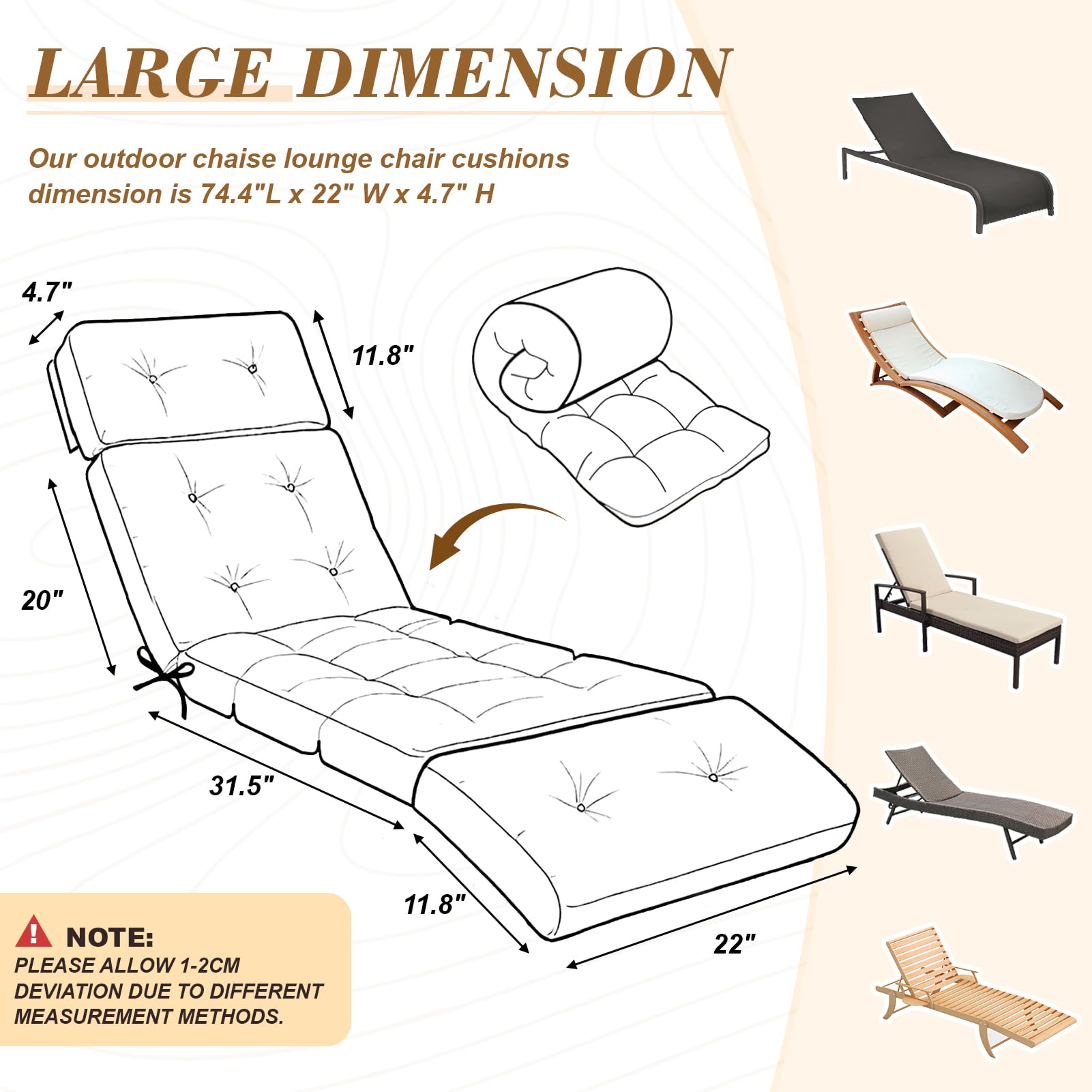 Outdoor Chaise Lounge Chair Cushion, 100% Waterproof Lounge Chair Cushions for Outdoor Furniture, 75.1 x 22.8 x 4.7 Inches Replacement Thickened Pool Lounges Chairs Cushions with Ties, Cream — view 2