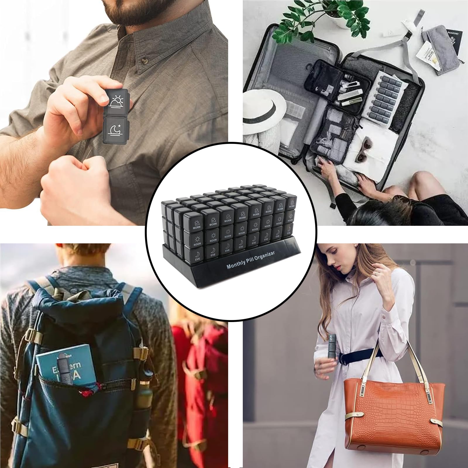 Organizer na tabletki 4 razy dziennie, Organizer na tabletki 31 dni, Pudełko na tabletki tygodniowe, 2 wyraźnie oznaczone przegródki, Łatwe zarządzanie i organizacja leków (Czarny, 4 razy dziennie)(Bl