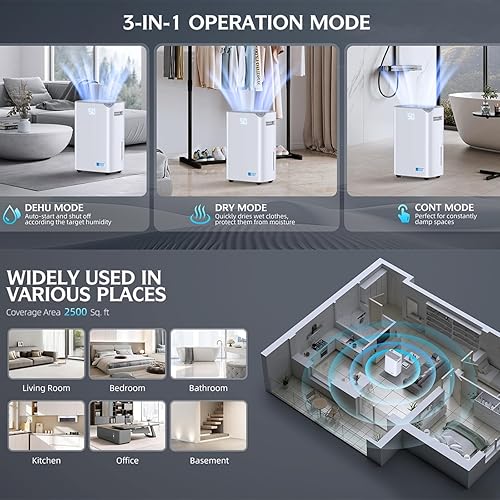 Miniatura 5 de Deshumidificadores de compresor inteligente de 2500 pies cuadrados para el hogar, sótano, dormitorio, baño, 34 pintas Energy Star, drenaje