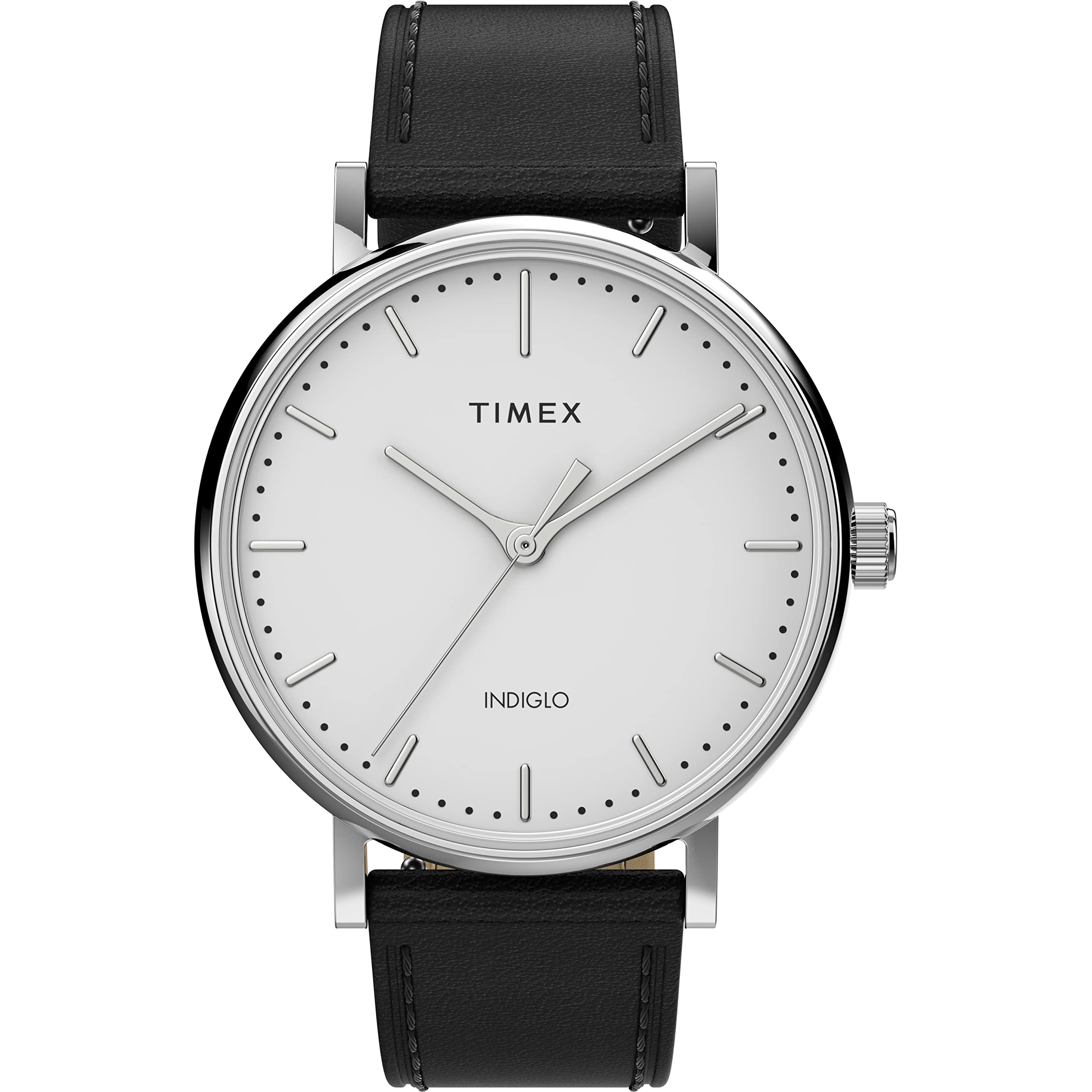 TimexWomen's Fairfield 37mm Watch – Silver-Tone Case White Dial with Black Genuine Leather Strap, Black/Silver/White, One Size