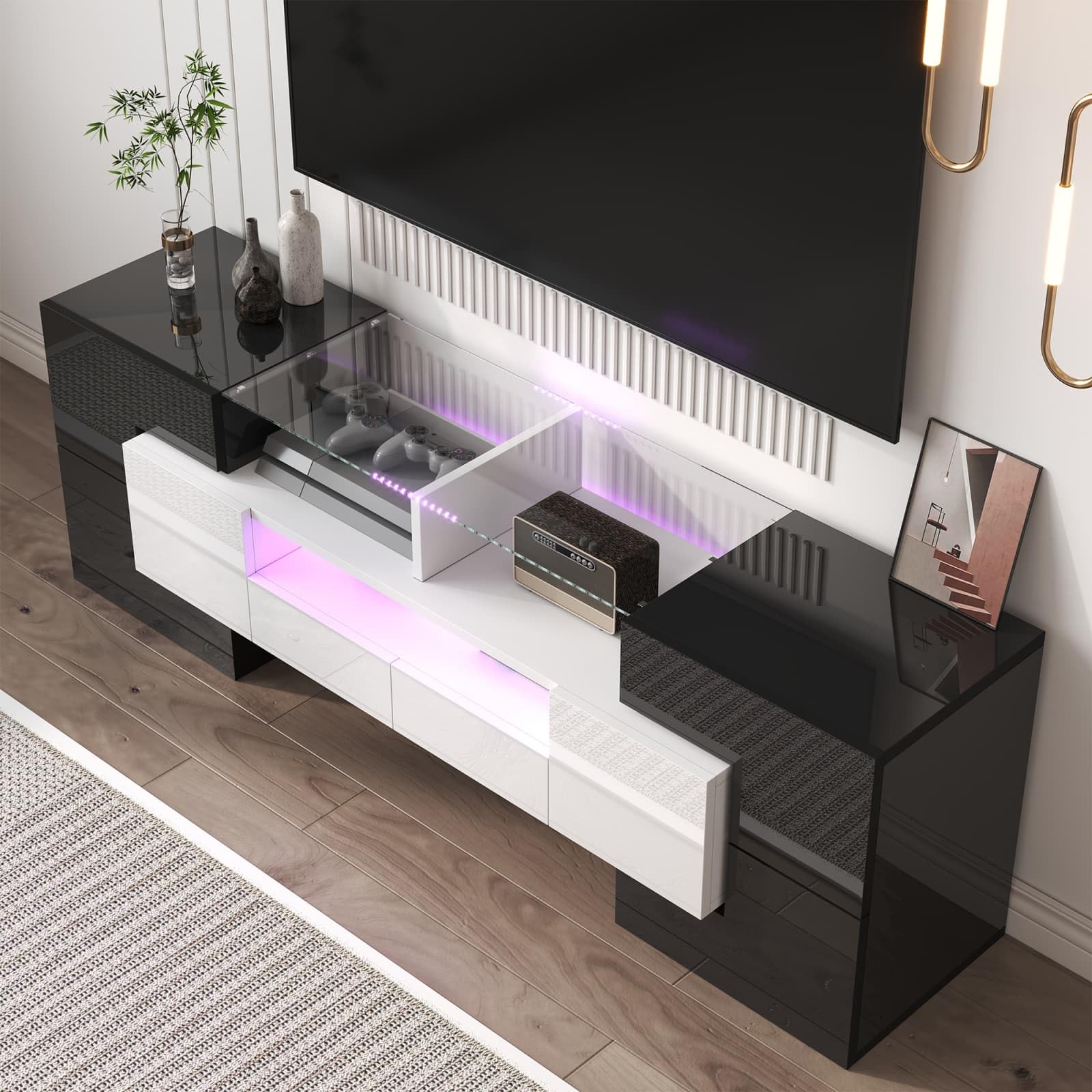 KOMHTOM Meuble TV Moderne avec 6 Portes et 2 Tiroirs, Meuble de Salon avec éclairage LED, pour Salon, Salle à Manger et Chambre à Coucher
