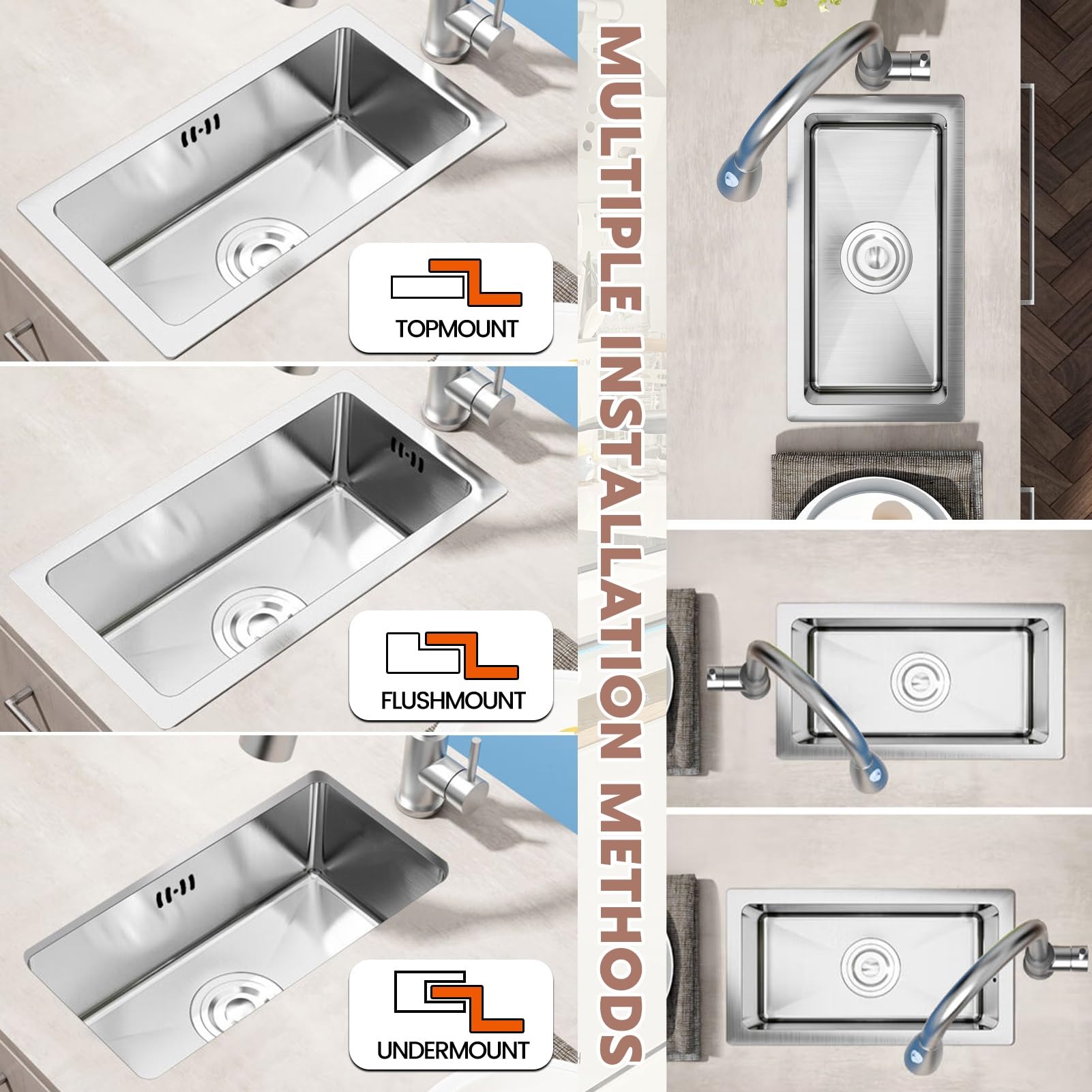 Lavello da Incasso Quadrato in Acciaio Inox, Vasca Singola, lavello Compatto per Piccole cucine, salvaspazio, Superficie con Rivestimento Nano con Kit di Scarico (Argento, 55x40 cm)