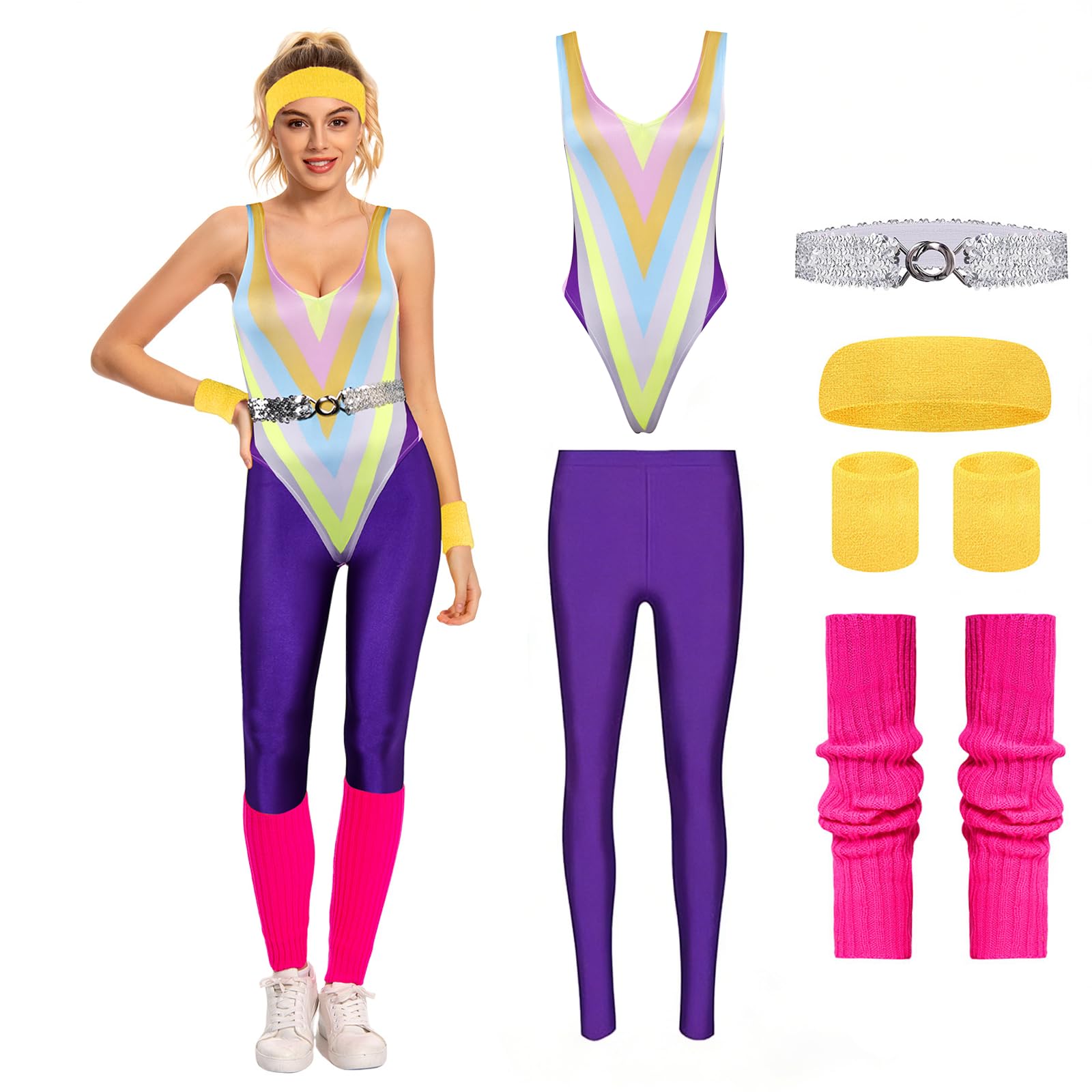 Cyborey 80s Workout Costume Women Colourful Vintage Aerobics Jumpsuit Fancy Dress — image 1