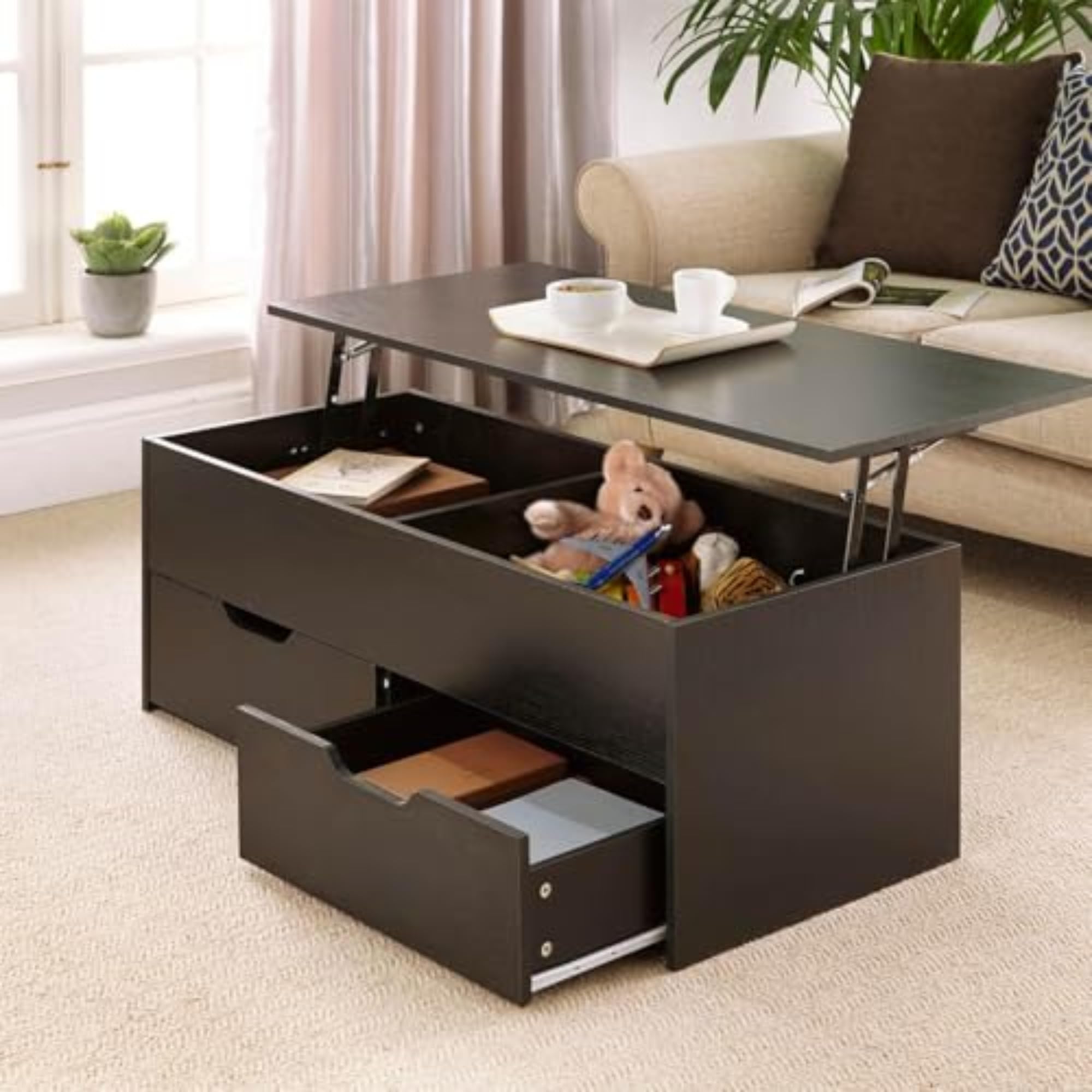 Home Source (Black) Wooden Lift Up Top Coffee Table With Large Drawers Black