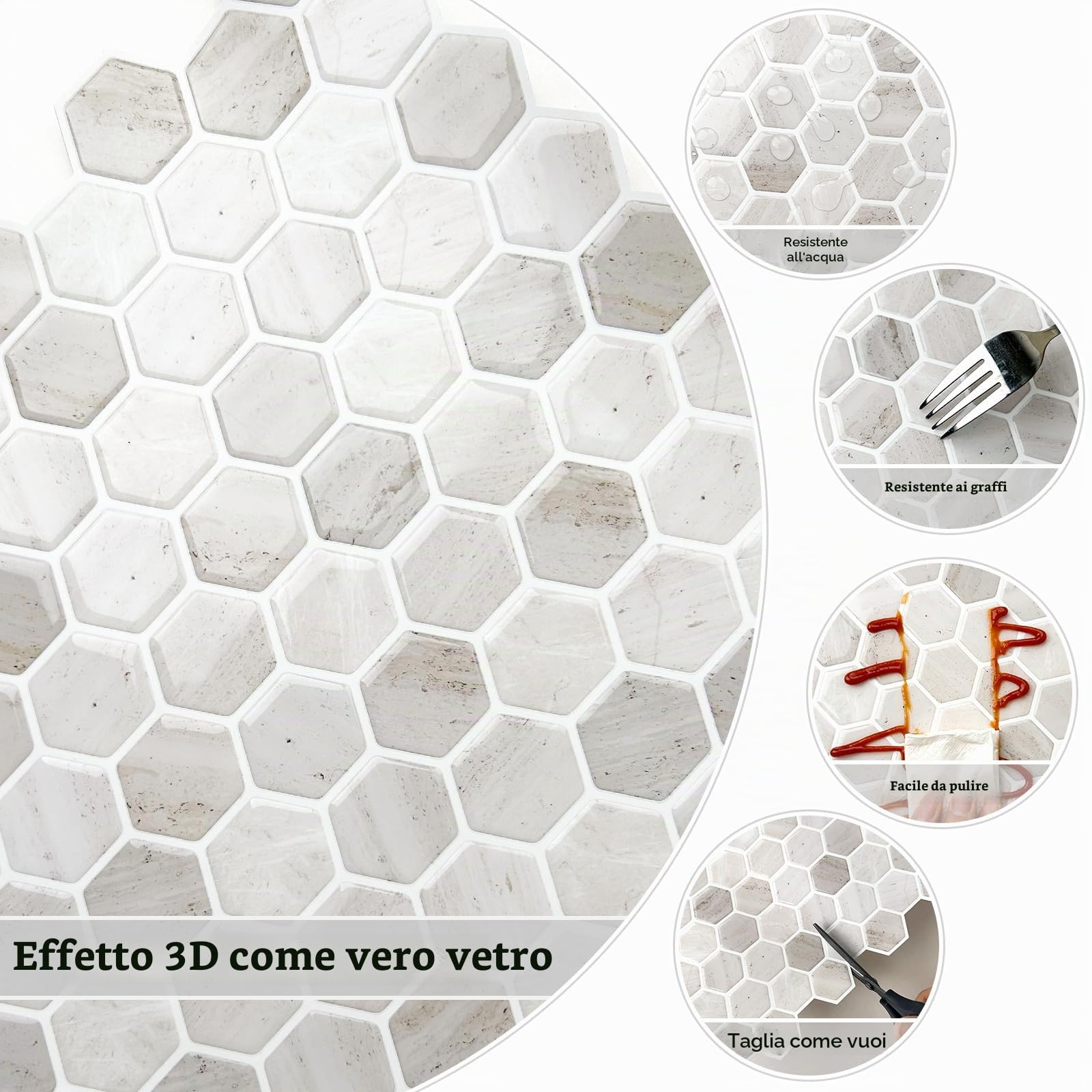 10-Foglie Esagono Piastrelle Adesive 3D Mattonelle Adesive per Muro Cucina Bagno (30.5 x 30.5cm)