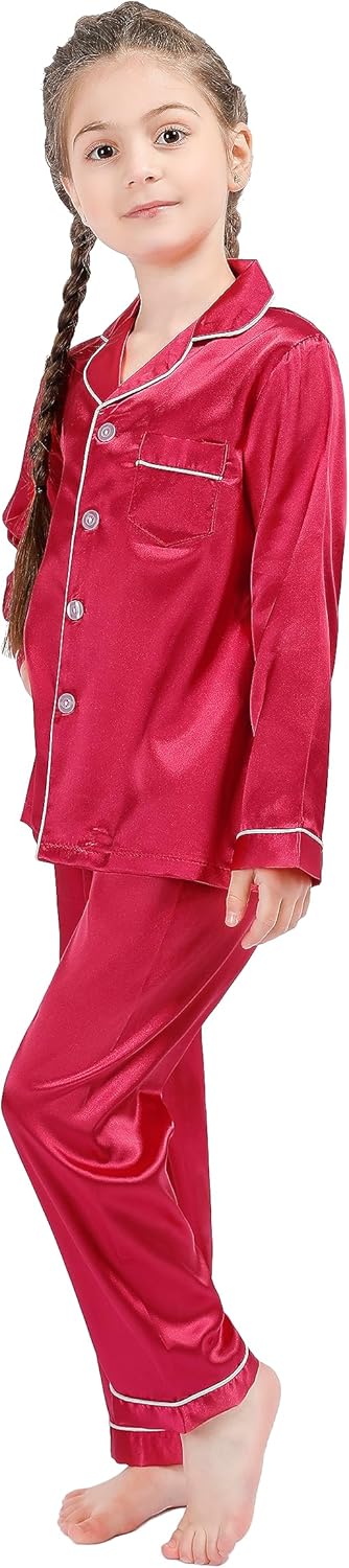 Kid Silky Satin Pajamas Set for Girls Boys pj Set Sleepwear Button-up Lounge Sets Nightwear - Image 4