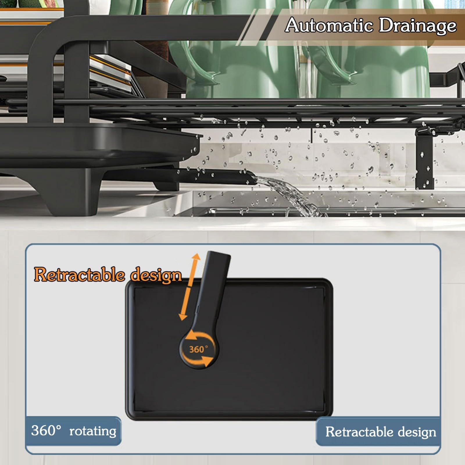 Escurridor de Platos Extensible Acero al Carbono Escurridor de Platos con Bandeja Recogegotas y Portacubiertos Secador Boquilla Extensible y Giratoria 360° Ahorra Espacio Secaplatos