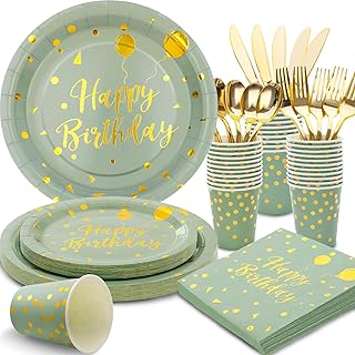 175 Pcs Sage Green Birthday Decorations - Sage Green Birthday Plates and Napkins Party Supplies Serve 25 Guests - Sage Green and Gold Birthday Paper Plates for Girls Women Happy Birthday Party Decor