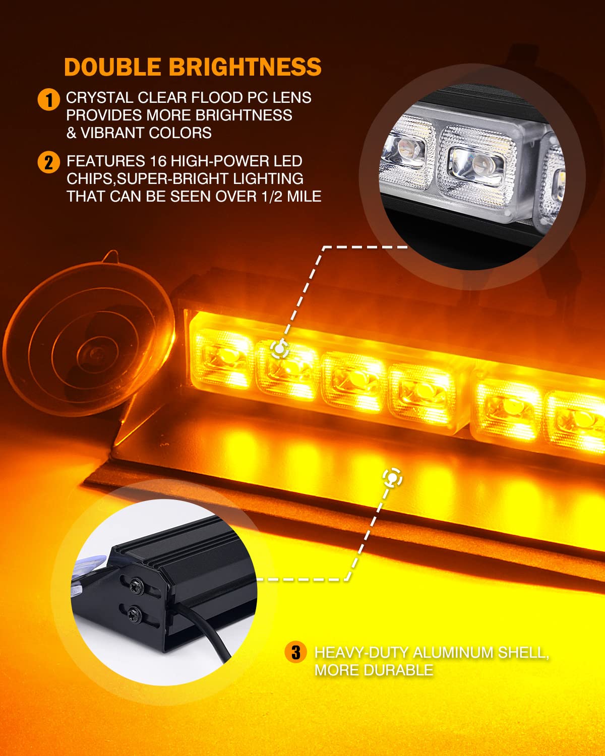 Xprite Amber LED Strobe Flashing Dual Lightbar Aluminum, Windshield Dash Visor Warning Traffic Caution Lights w/Suction Cup, for Emergency Construction EMS Patrol Security Vehicles Trucks Snowplow