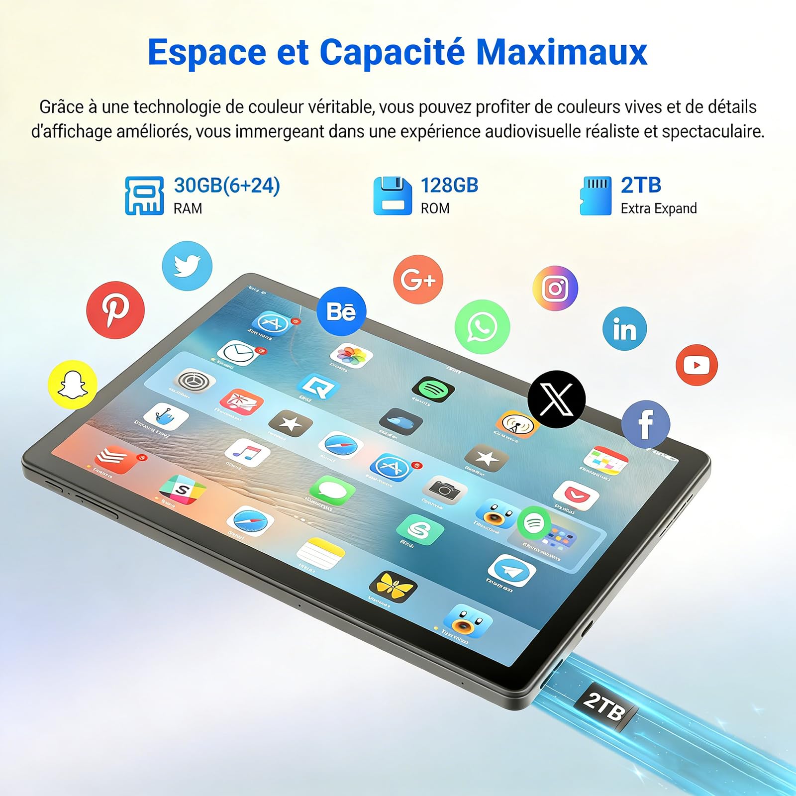 Wqplo Tablette 10 Pouces Android 15 certifiée GMS, 30Go RAM + 128Go ROM (2To TF), Octa-Core, 6200mAh, HD 1280x800, WiFi 6, BT 5.3, Widevine L1, 5MP+8MP, Tablet PC, Noir – 2026 - 3