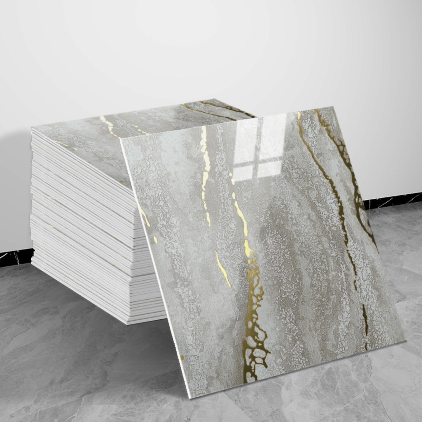 30x30cm Peel and Stick Marble Wall Tiles with Gold Veins, Glossy Waterproof PVC Backsplash for Kitchen Bathroom (10pcs-30x30cm,254)