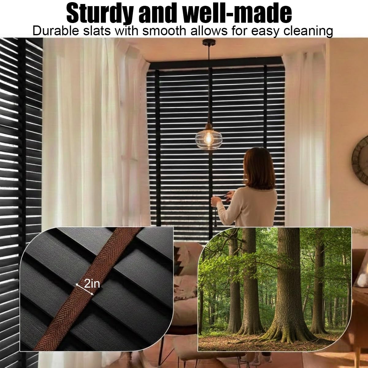 Tende Veneziana in Legno Su Misura, Senza Foratura, Veneziane da Interno/Esterno Senza Fori per Finestre, 50mm Lamelle Privacy Orizzontali Oscurante Persiane per Ufficio