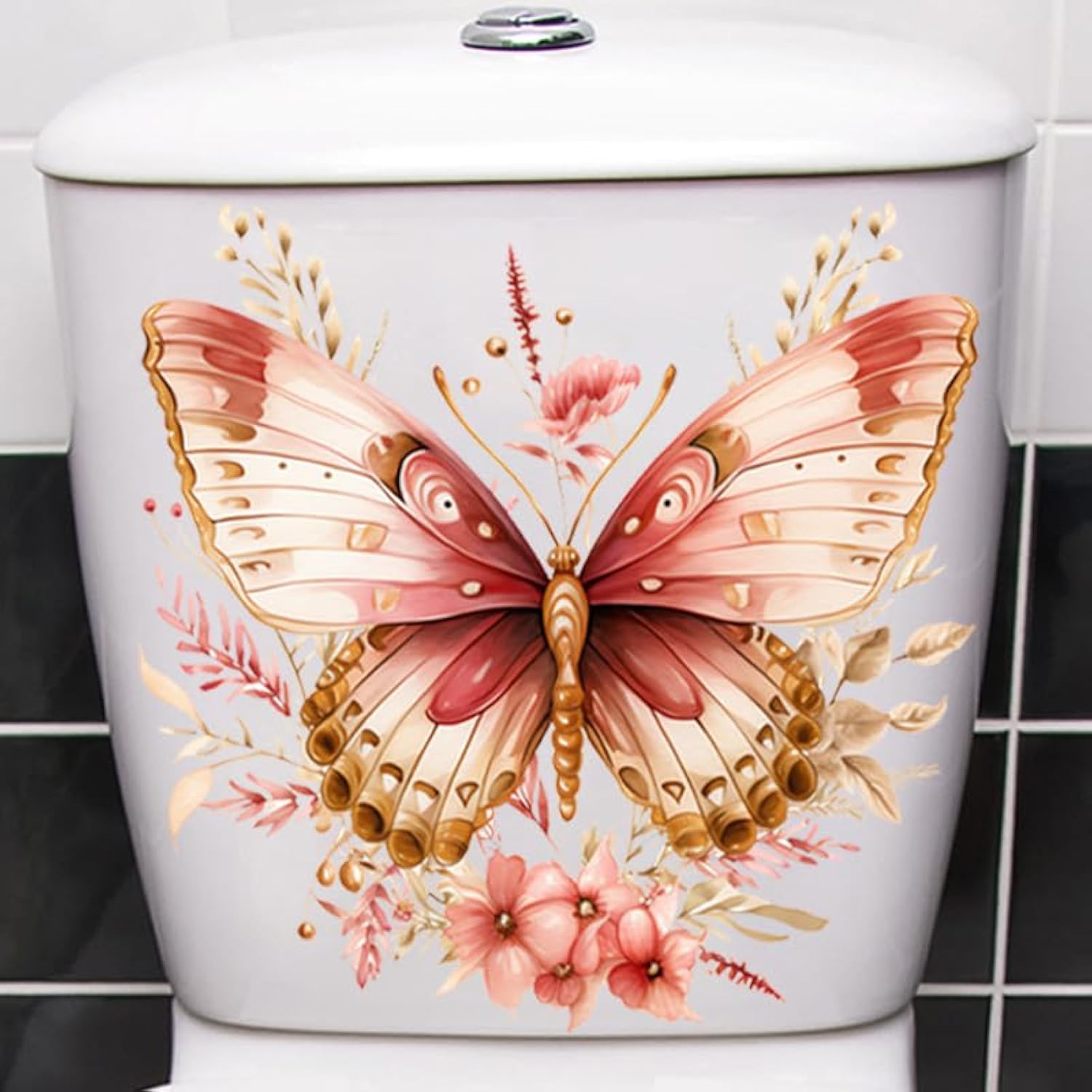 Colorful Butterfly Flower Toilet Cover Sticker Decals,Fish Bird Flower Leaf Waterproof Toilet Lid Tank Seat Decals Cistern Self-Adhesive Bathroom Wall Sticker