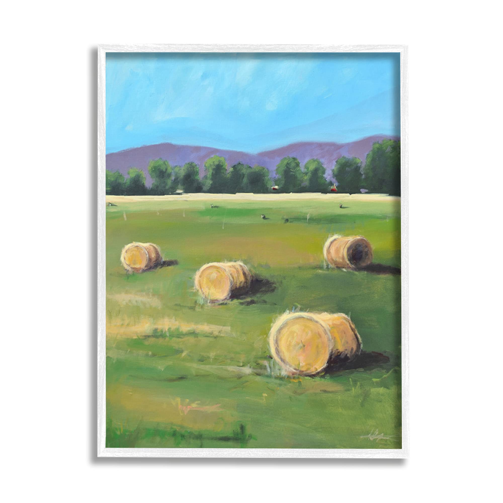 Stupell Industries Open Country Farmland Landscape Yellow Hay Bails, Designed by Allayn Stevens White Framed Wall Art, 16 x 20, Green