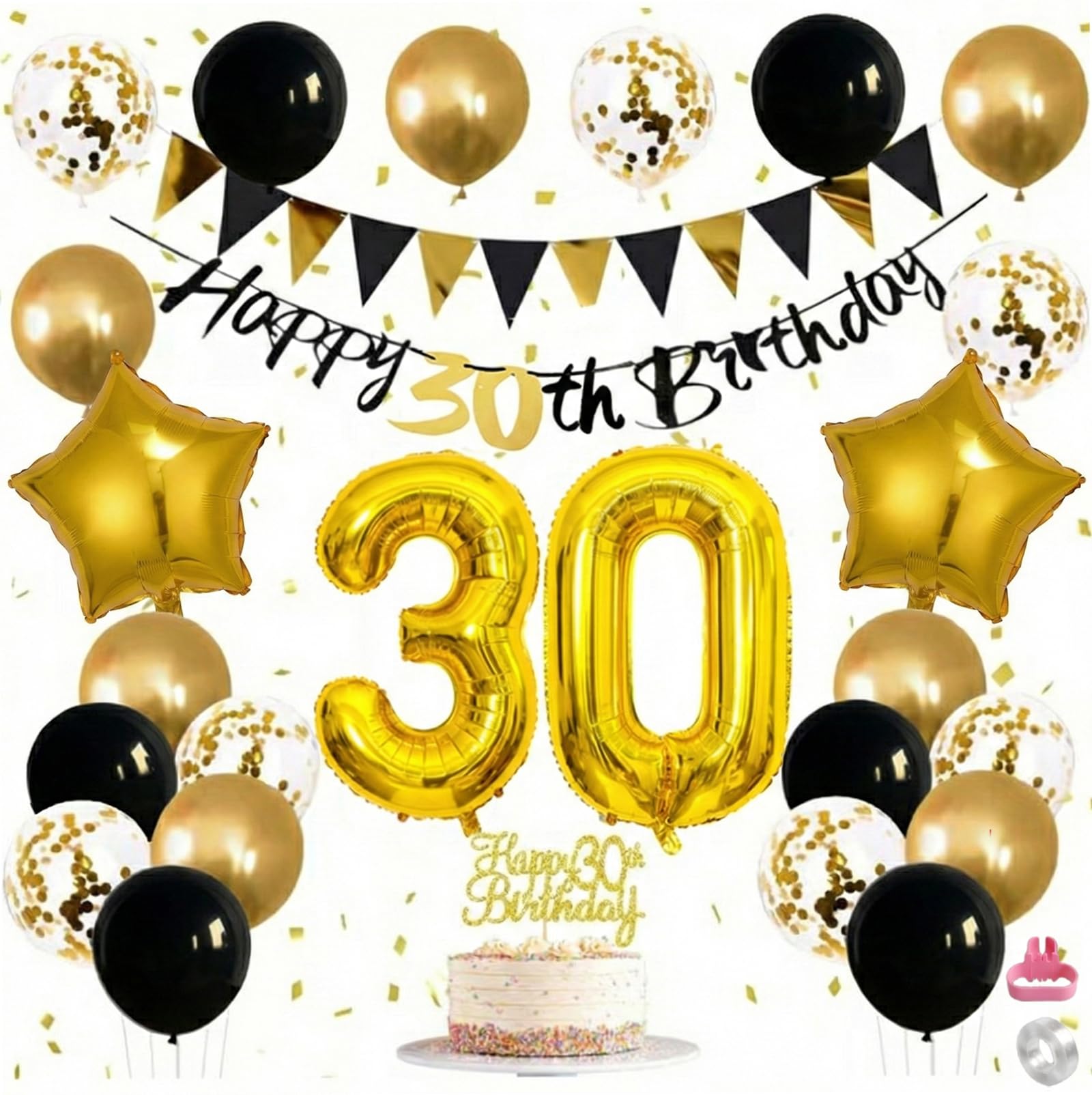 30th Birthday Decorations for Men and Women – Black Gold Balloon Set with Foil Number 30, Confetti Balloons, Banner and Cake Topper – Elegant 30th Birthday Party Decor for Adults