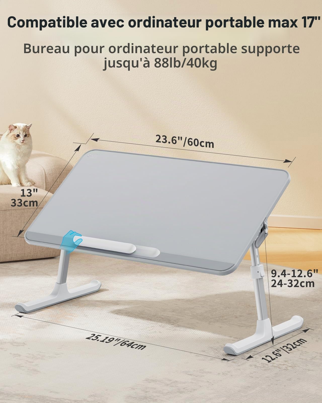 SAIJI Table de Lit Pliable Réglable Hauteur Angle Max 17'' Ordinateur Portable Gris 60x33cm
