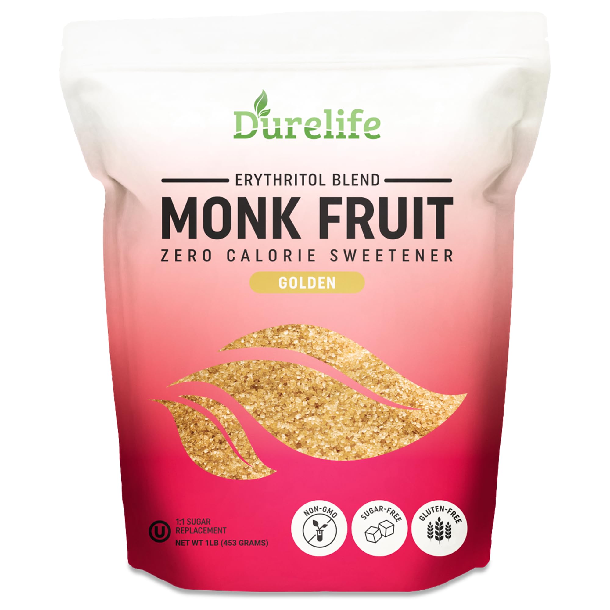 Durelife Golden Monk Fruit Sweetener, 1:1 Sugar Replacement, Keto Diet Friendly, Zero Calorie, Kosher Sugar Substitute, Golden - 1 lb (Packaging May Vary)