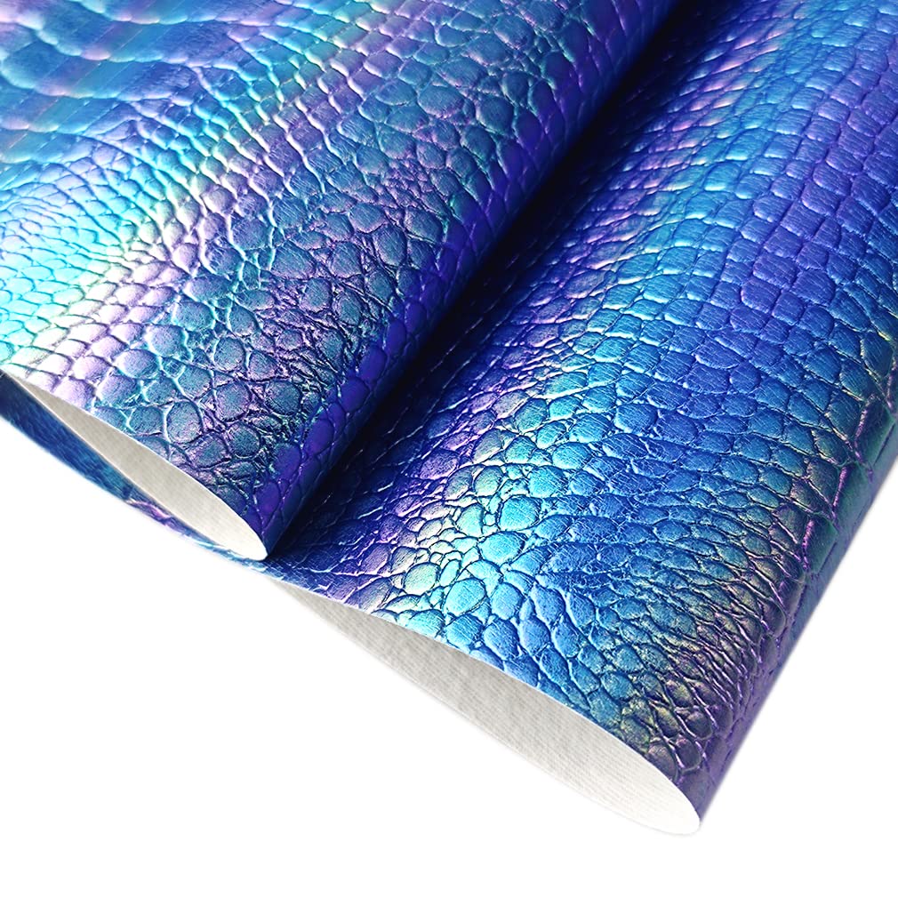 HYANG Rollo de piel sintética holográfica iridiscente con textura de cocodrilo azul oscuro, 30,5 x 134,6 cm, muy adecuado para hacer manualidades, aretes de cuero, decoración de vacaciones, diferentes